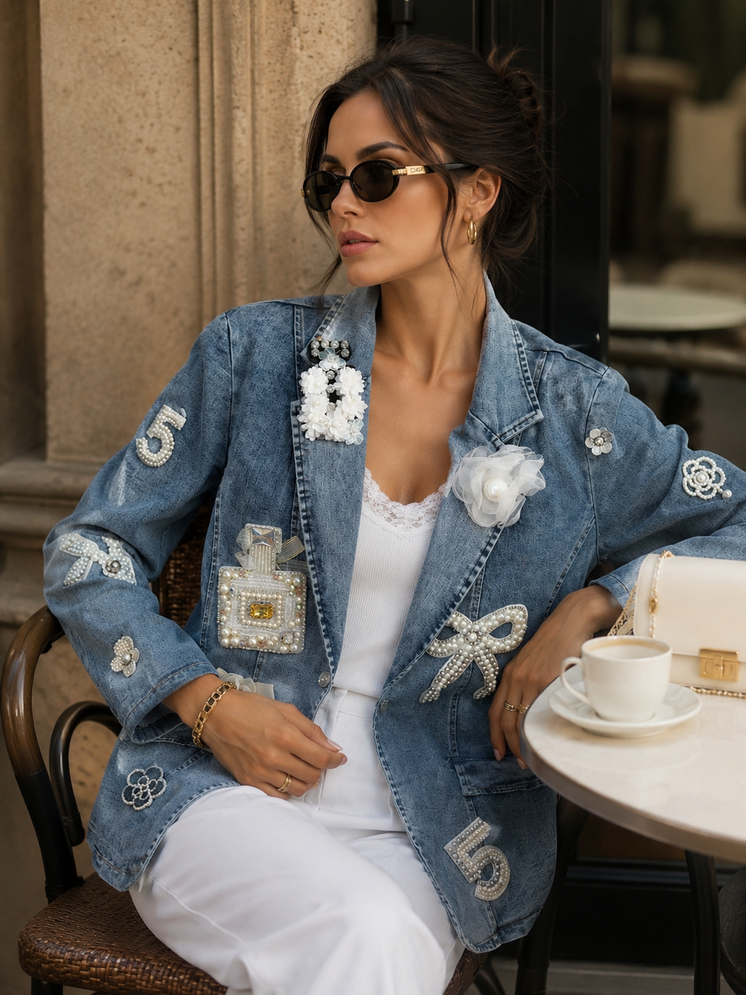Chanel-Inspired Embellished Denim Blazer