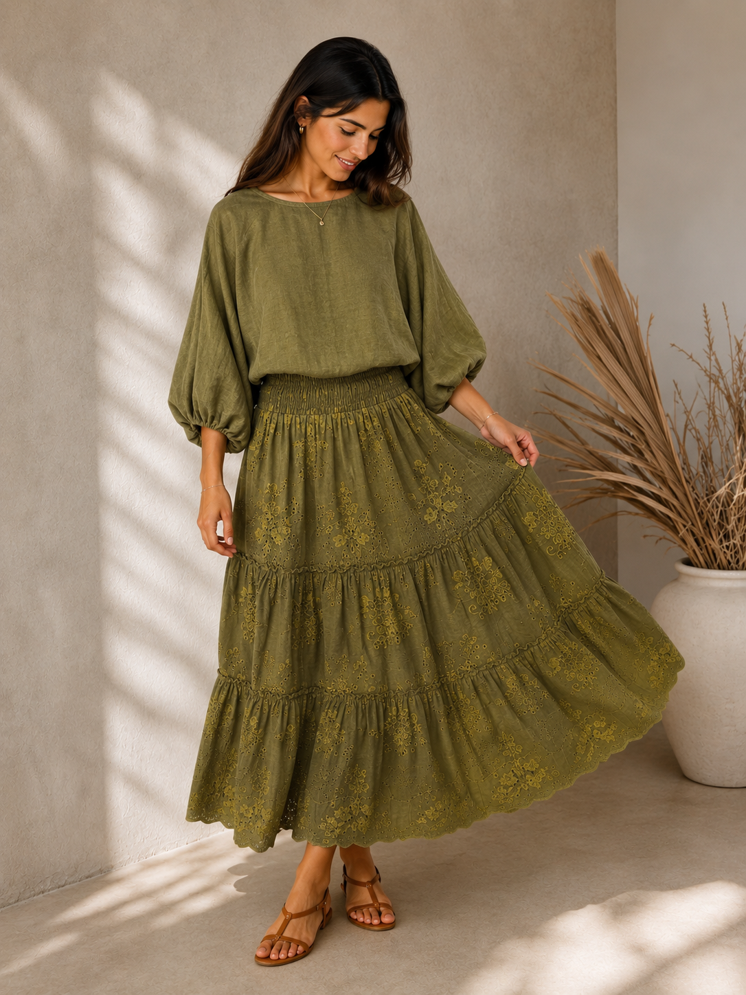 Boho Elegance Embroidered Linen Set Olive