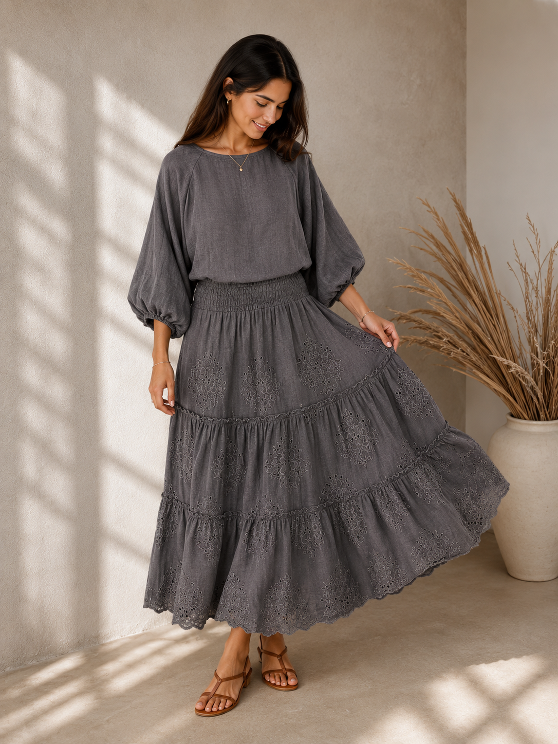 Boho Elegance Embroidered Linen Set Grey