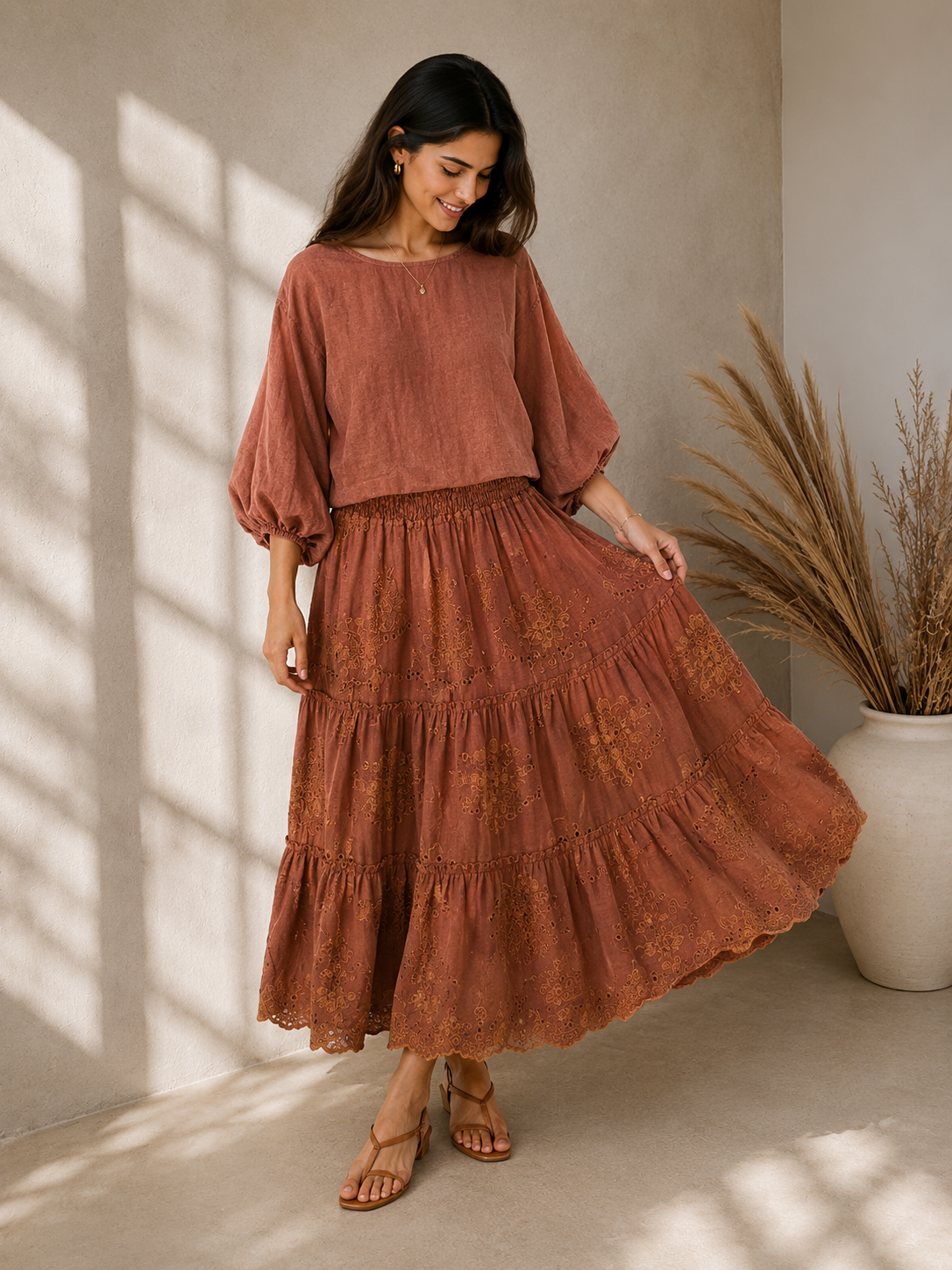 Boho Elegance Embroidered Linen Set Rust