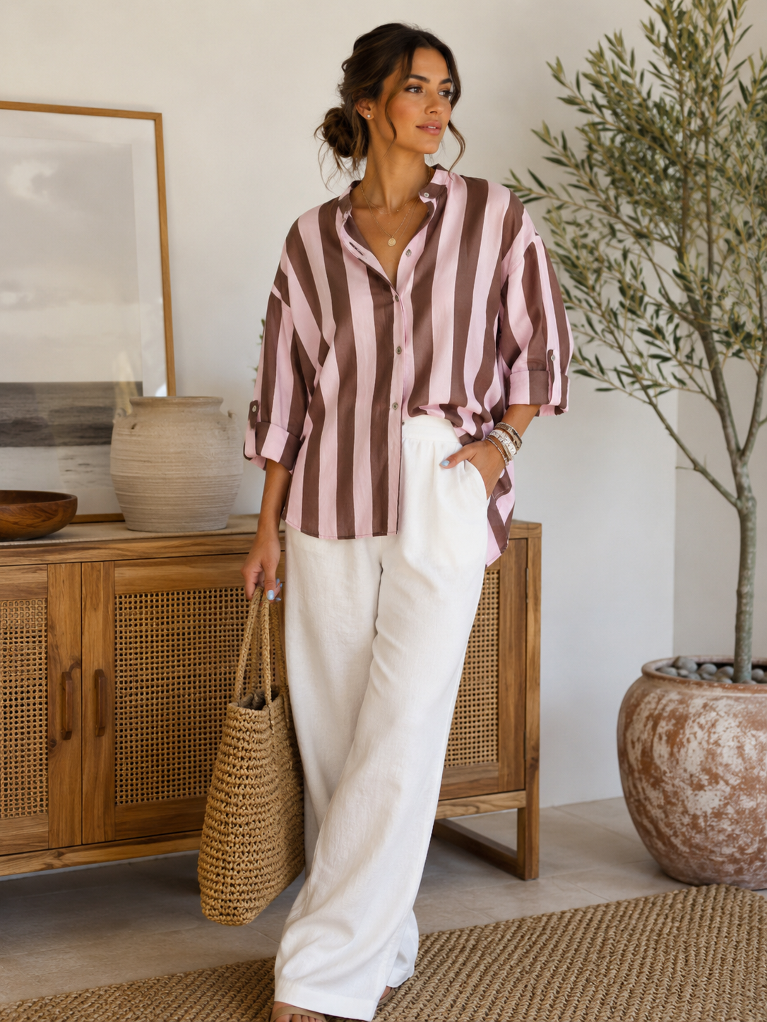 Italian Striped Relaxed Button-Up Blouse Pink