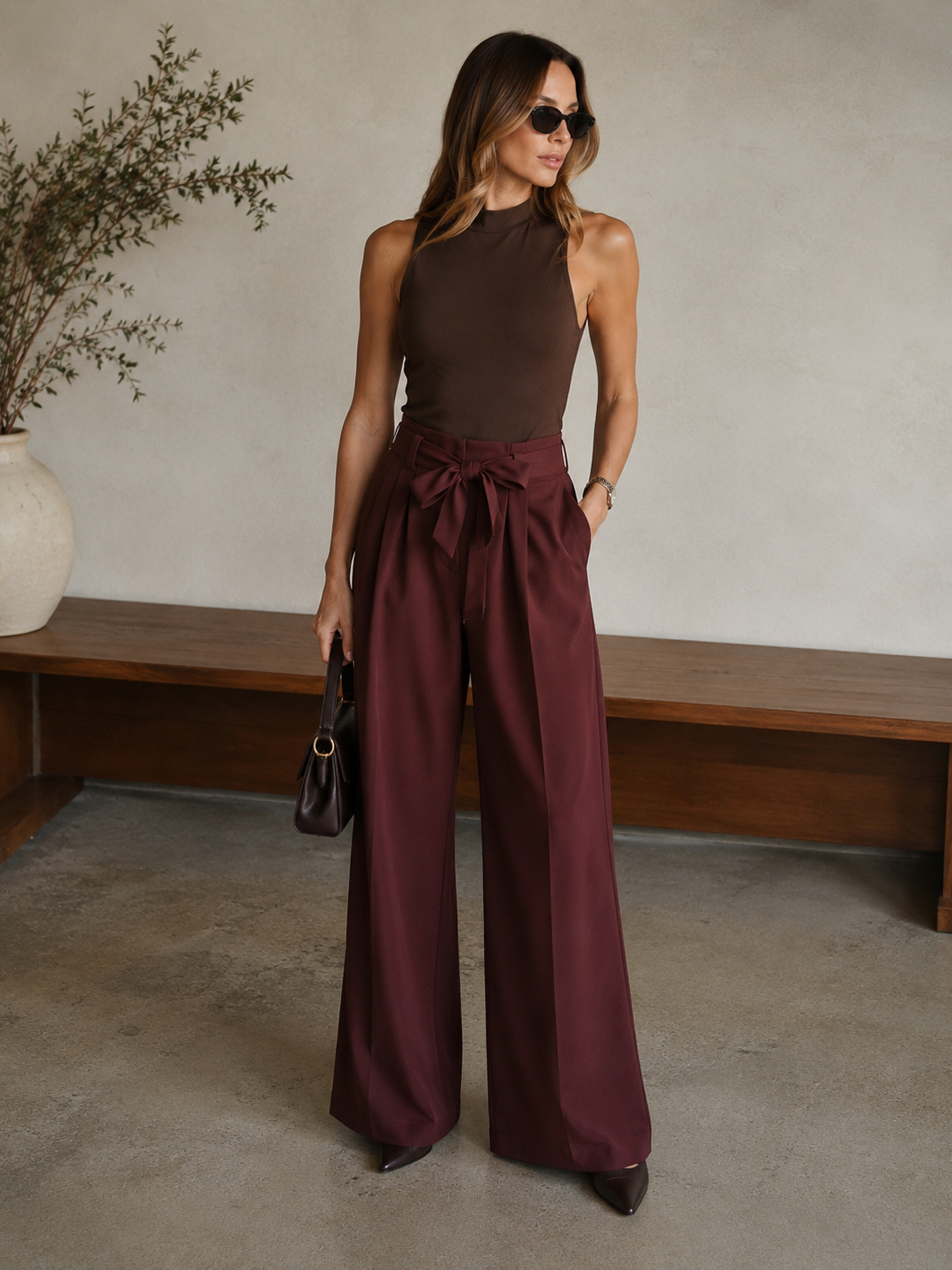 Sienna Tie-Waist Wide Leg Pants Wine