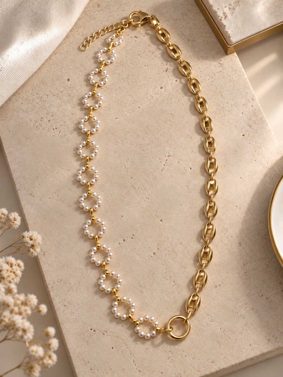 Pearl Blossom & Gold Link Necklace