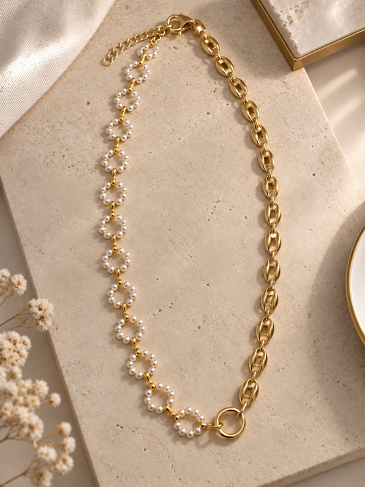 Pearl Blossom & Gold Link Necklace