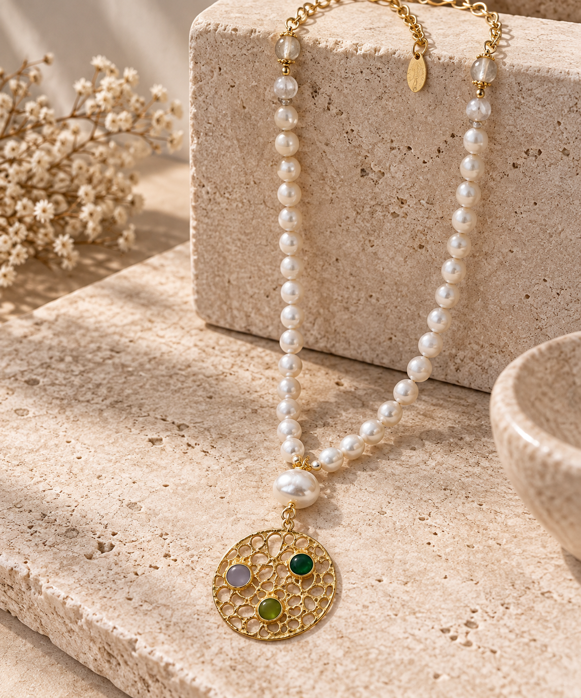 Turkish Pearl & Gemstone Medallion Necklace