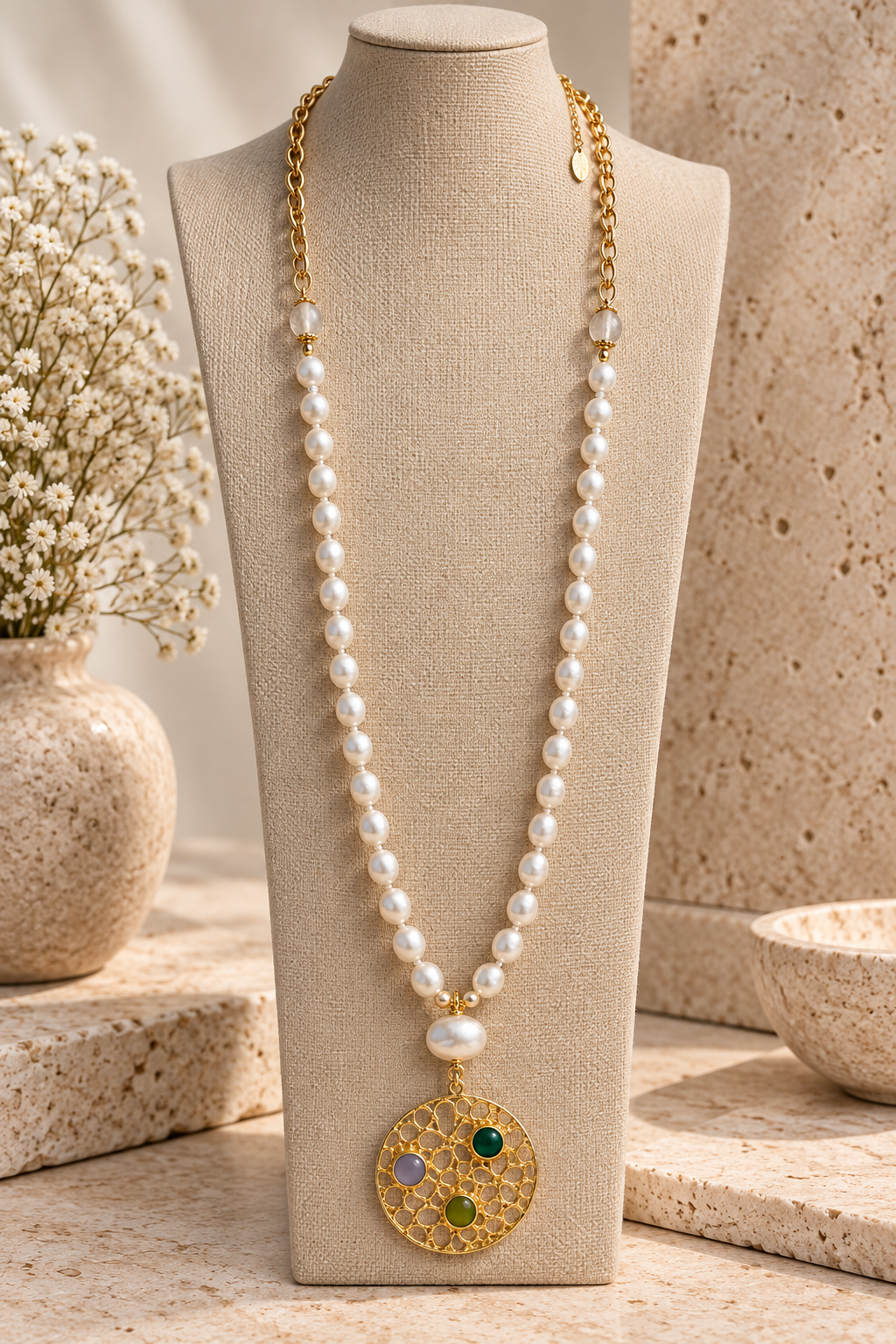 Turkish Pearl & Gemstone Medallion Necklace