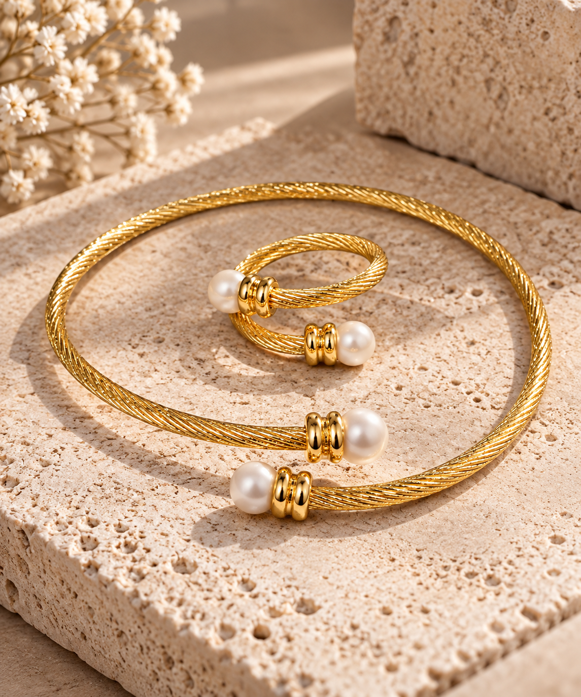 Turkish Pearl Cable Necklace & Ring Set