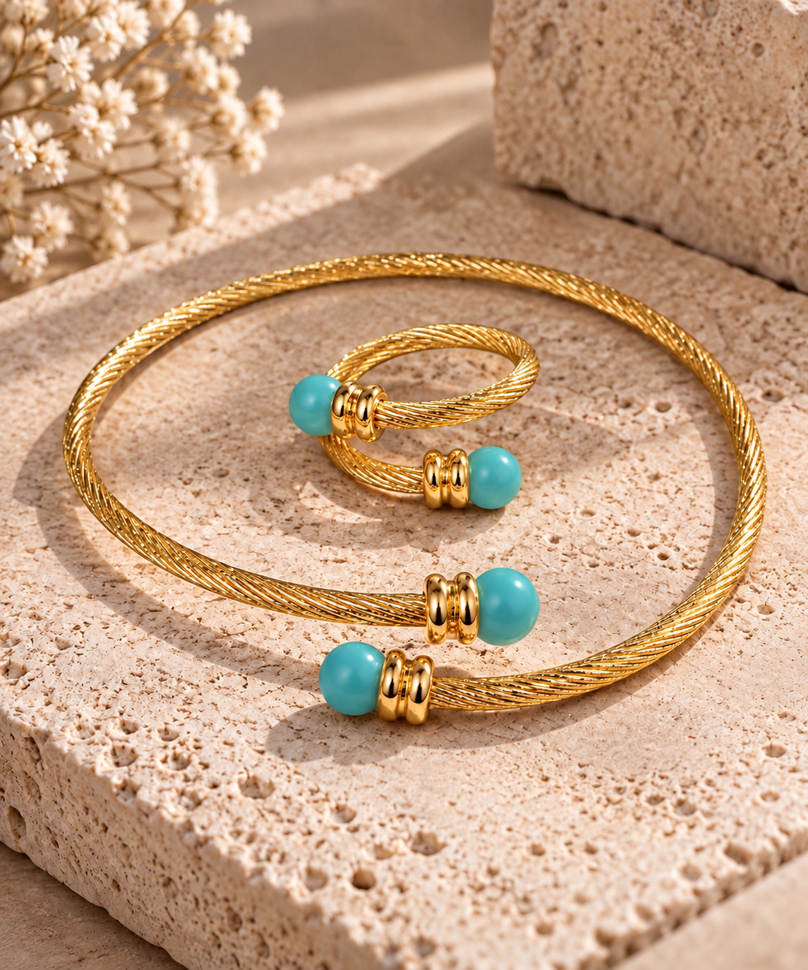 Turkish Aqua Cable Necklace & Ring Set