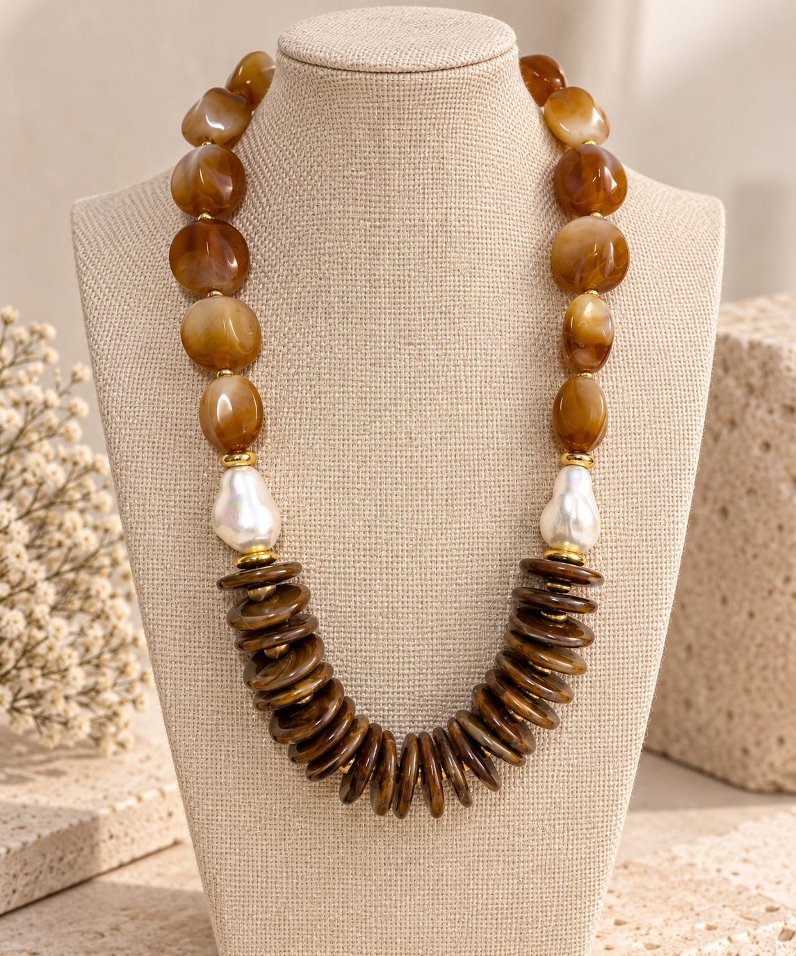 Turkish Amber Stone & Baroque Pearl Statement Necklace
