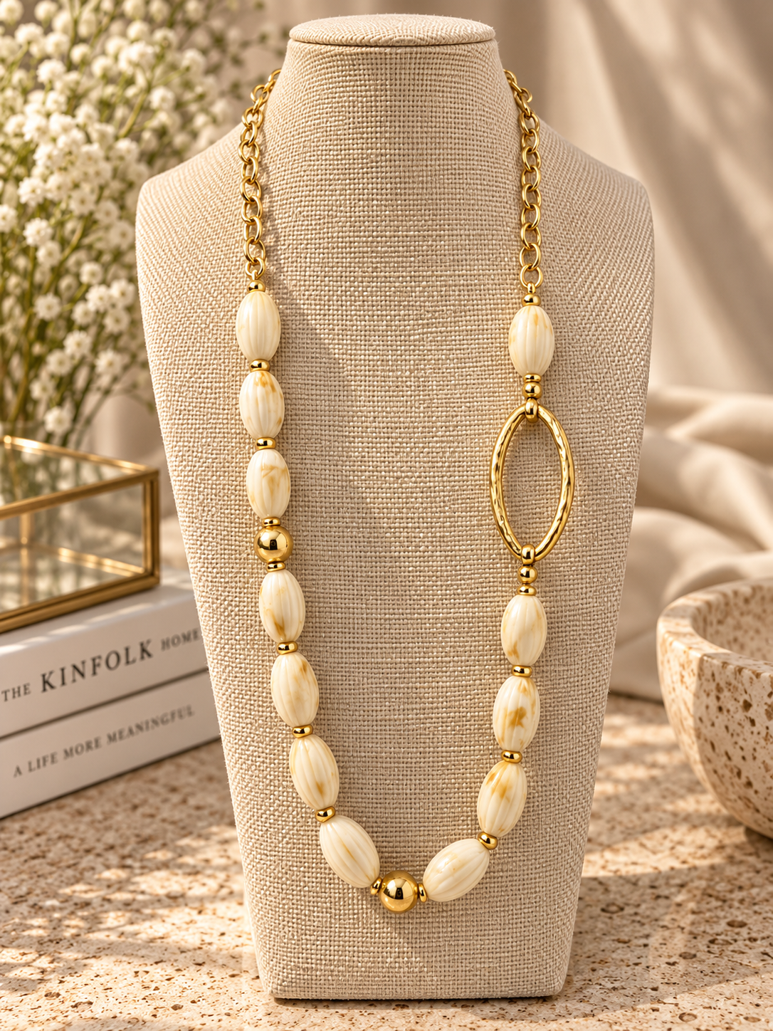 Turkish Ivory & Gold Sculptural Long Necklace