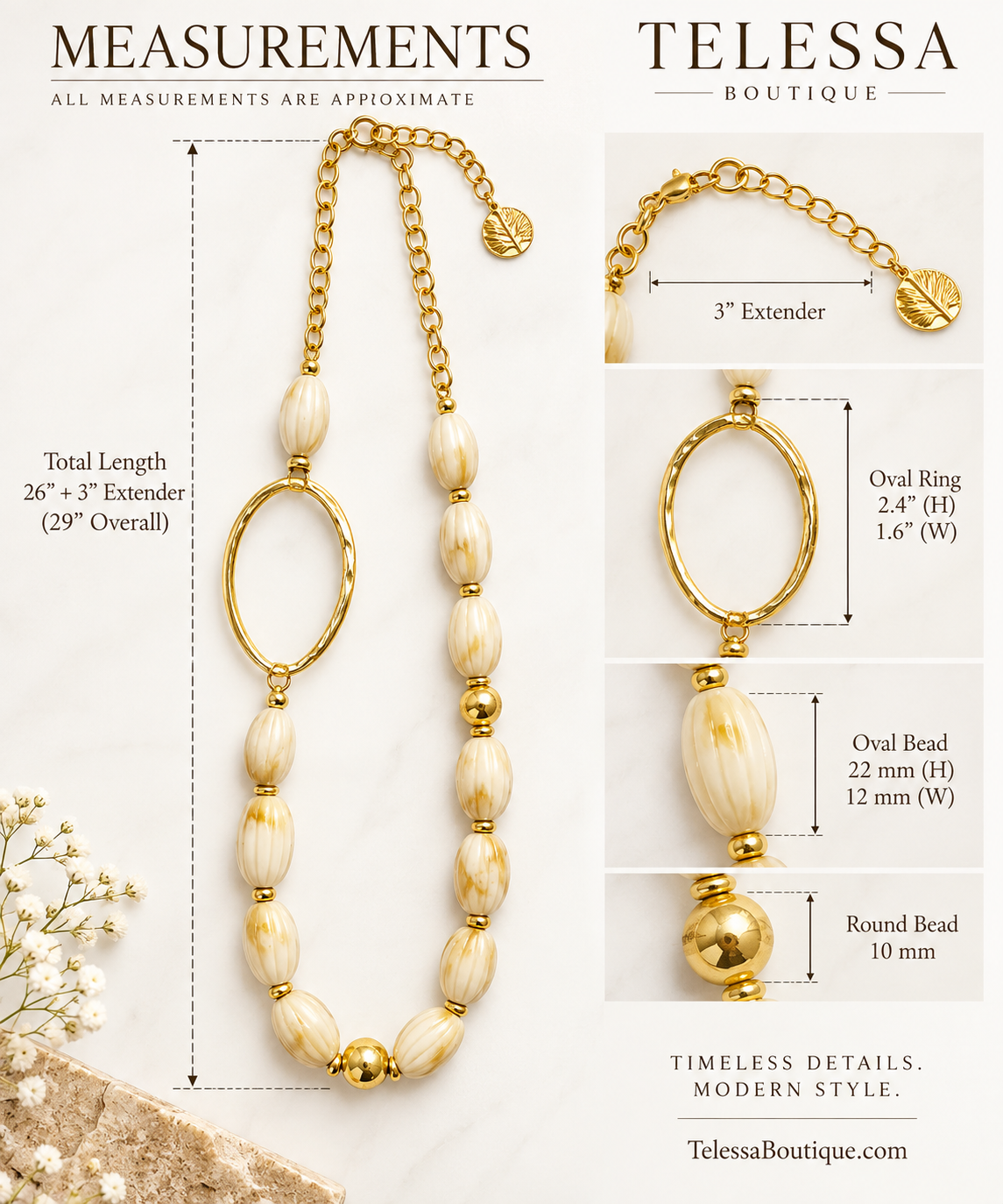 Turkish Ivory & Gold Sculptural Long Necklace