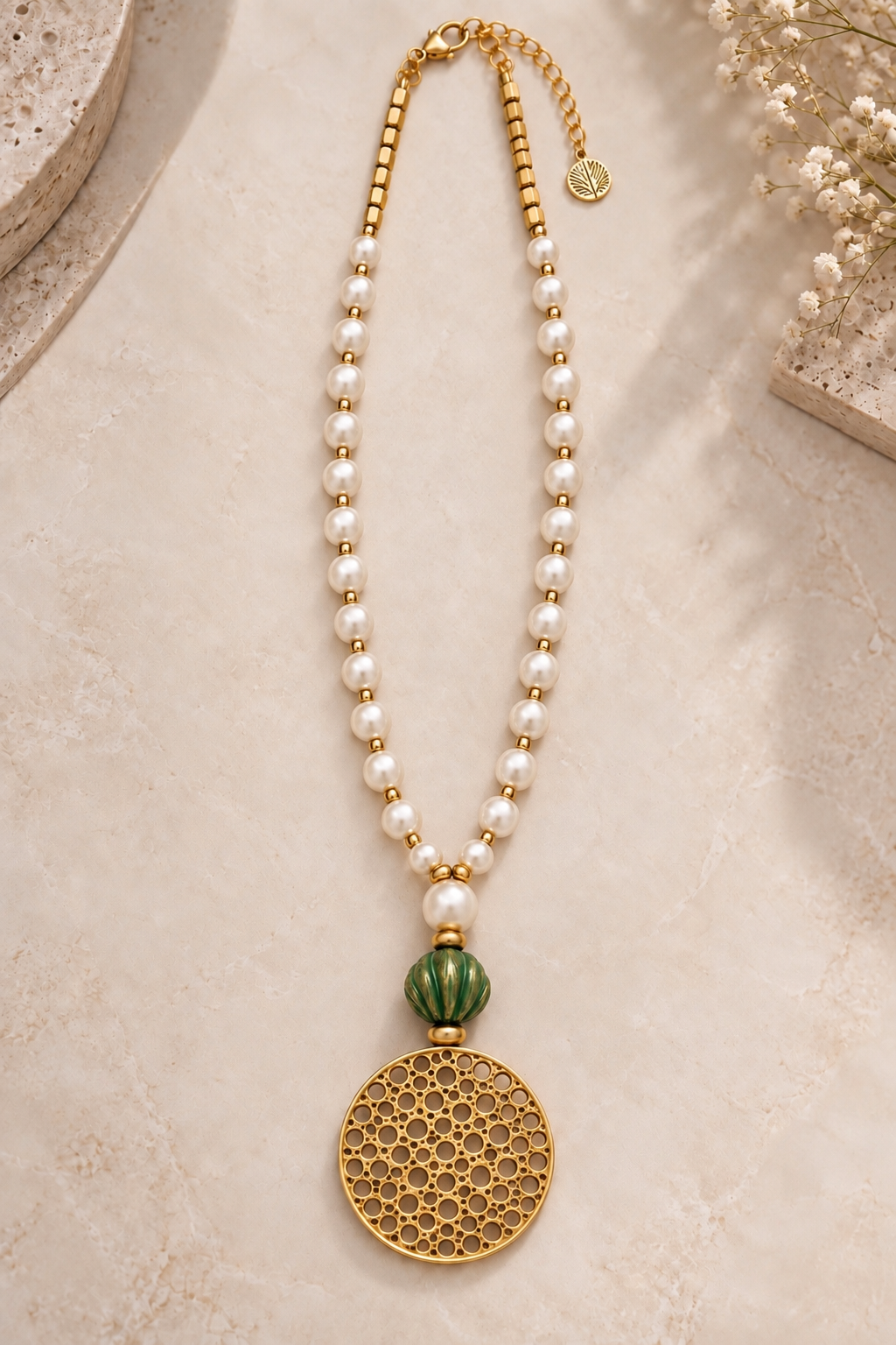 Turkish Pearl & Green Filigree Statement Necklace