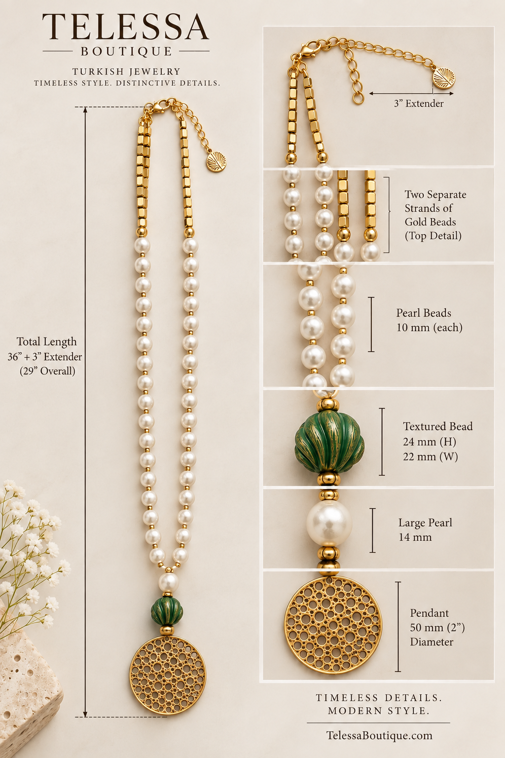 Turkish Pearl & Green Filigree Statement Necklace