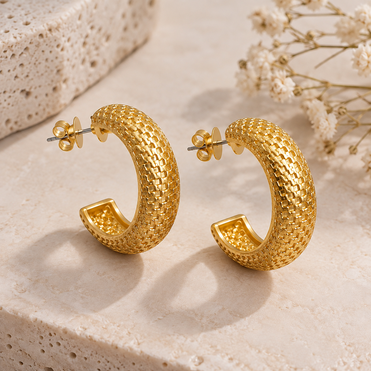 Textured Golden C-Hoop Earrings – Turkish Jewelry