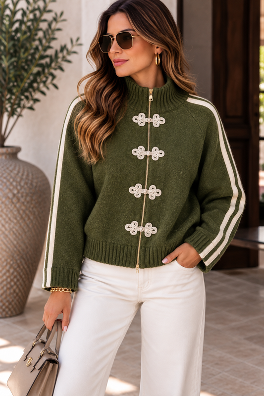 Green Italian Heritage Frog-Clasp Knit Jacket