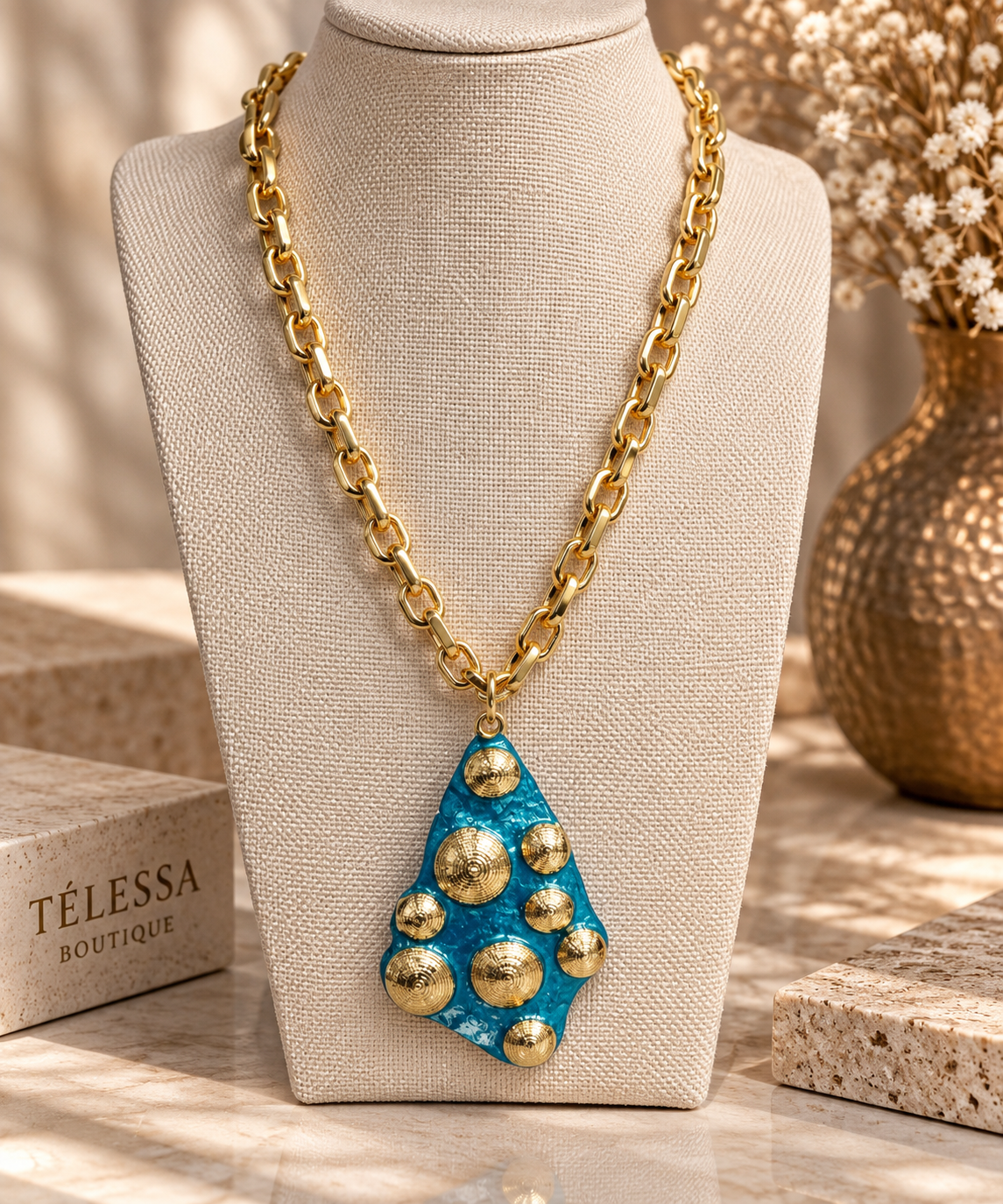 Turquoise Golden Medallion Statement Necklace
