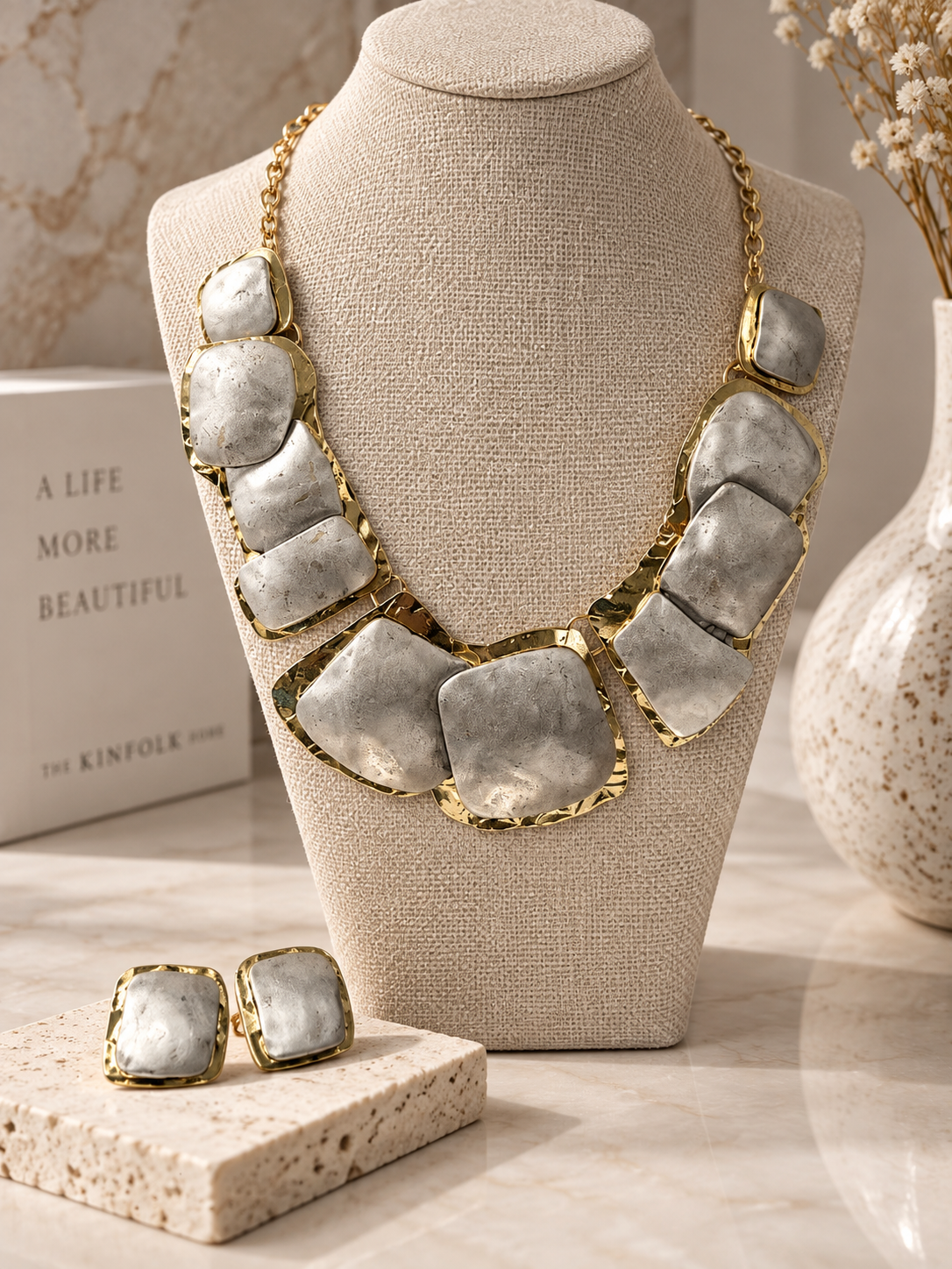 Sculpted Silver & Gold Statement Necklace Turkish Set