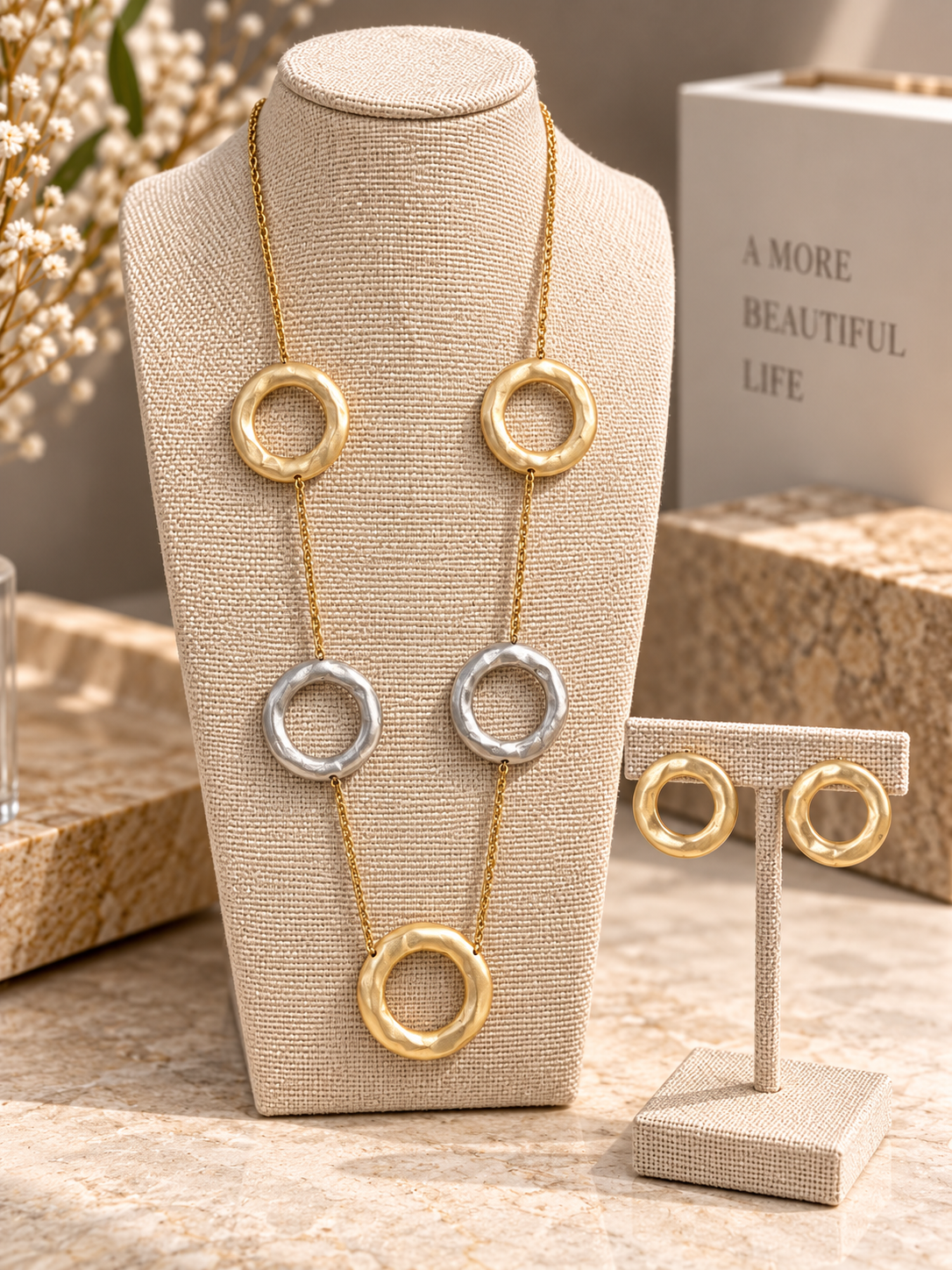 Two-Tone Sculpted Circle Statement Necklace & Earrings Turkish Set