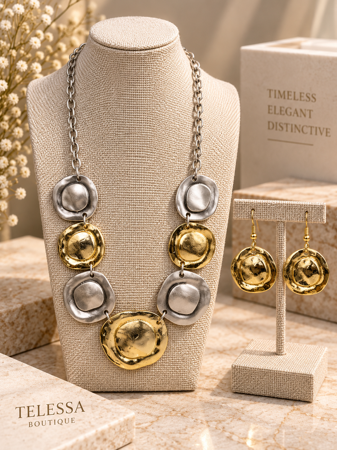 Two-Tone Hammered Disc Statement Necklace & Earrings Turkish Set
