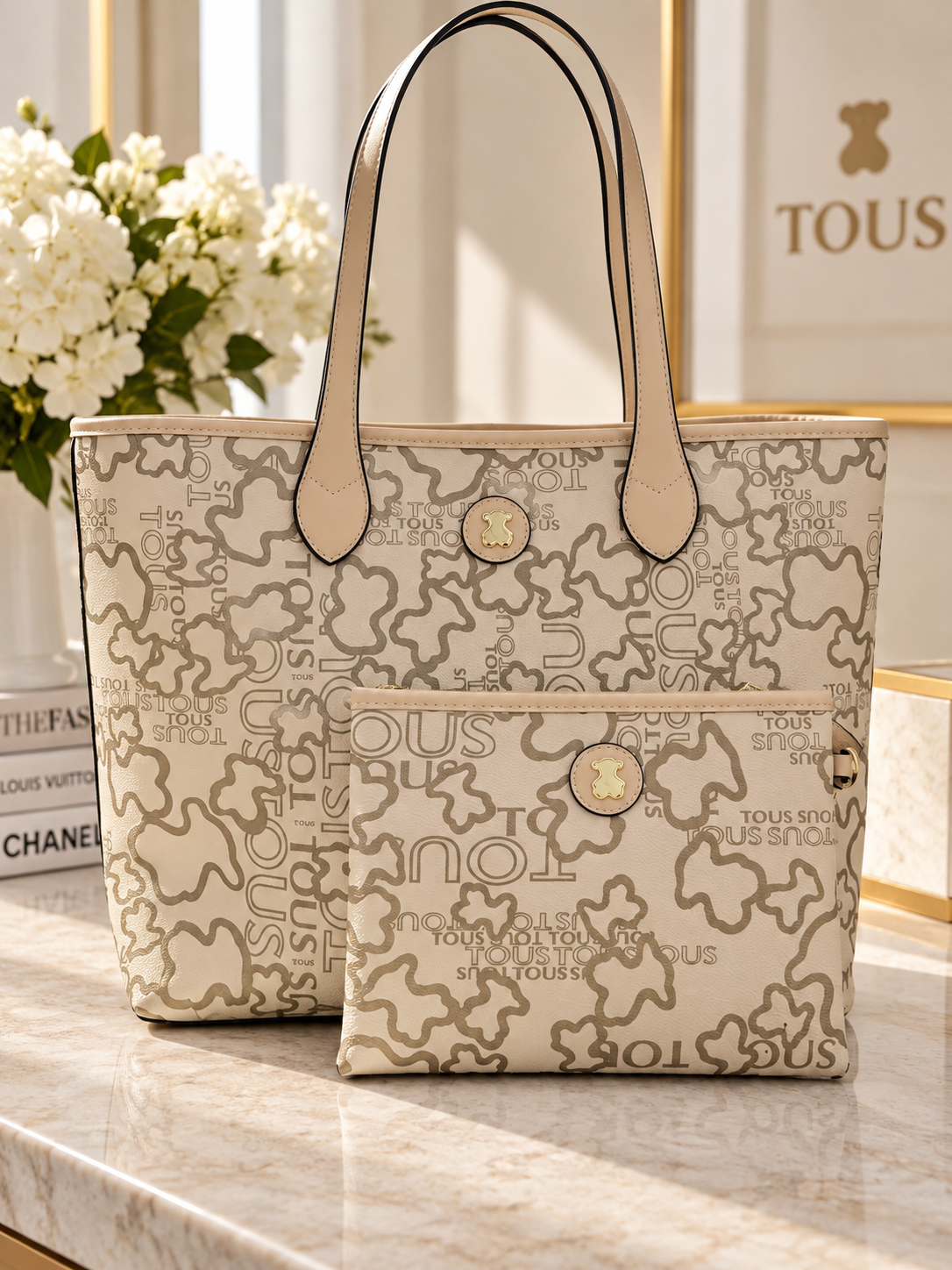Designer Inspired Signature Bear Print Tote Bag Beige