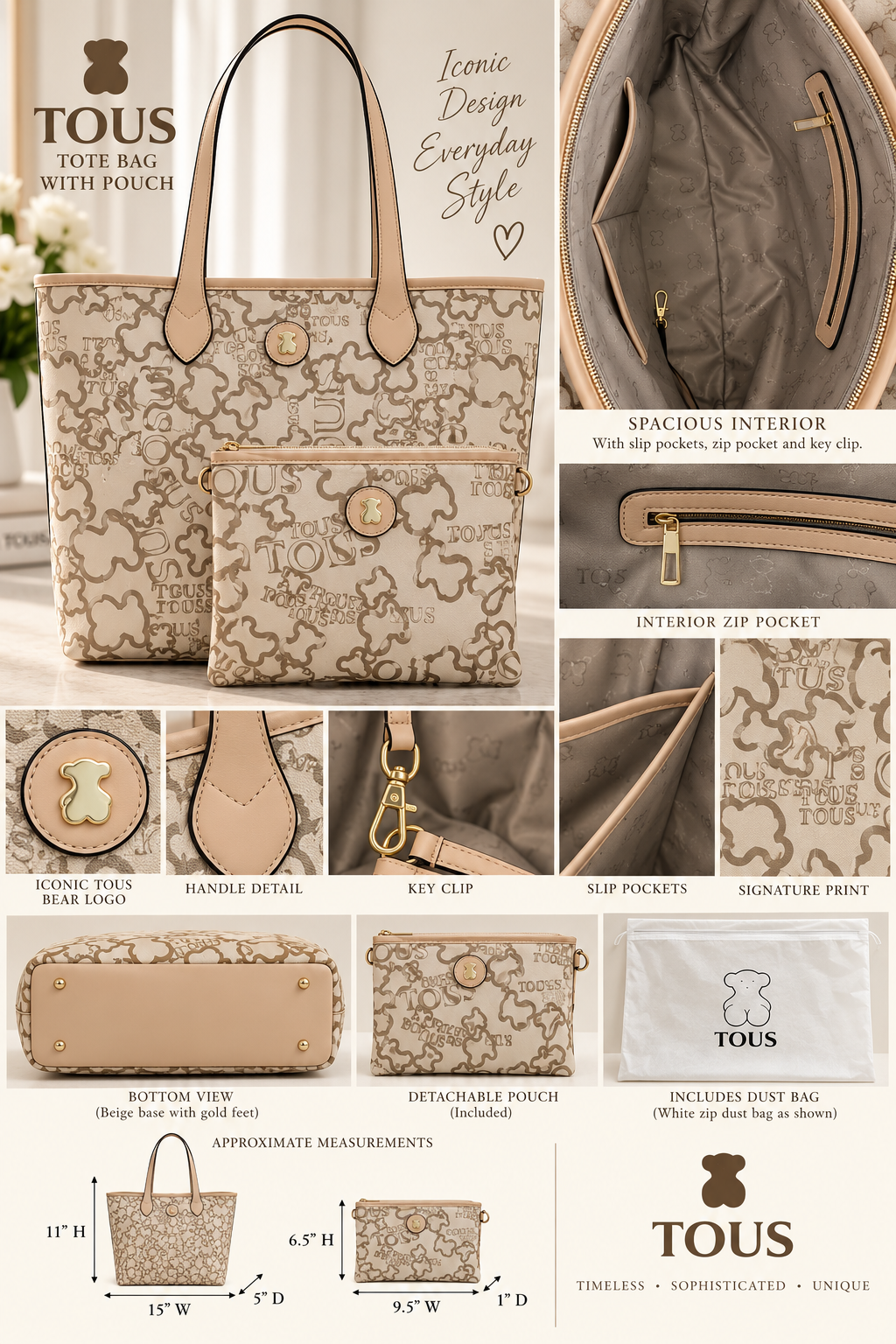 Designer Inspired Signature Bear Print Tote Bag Beige