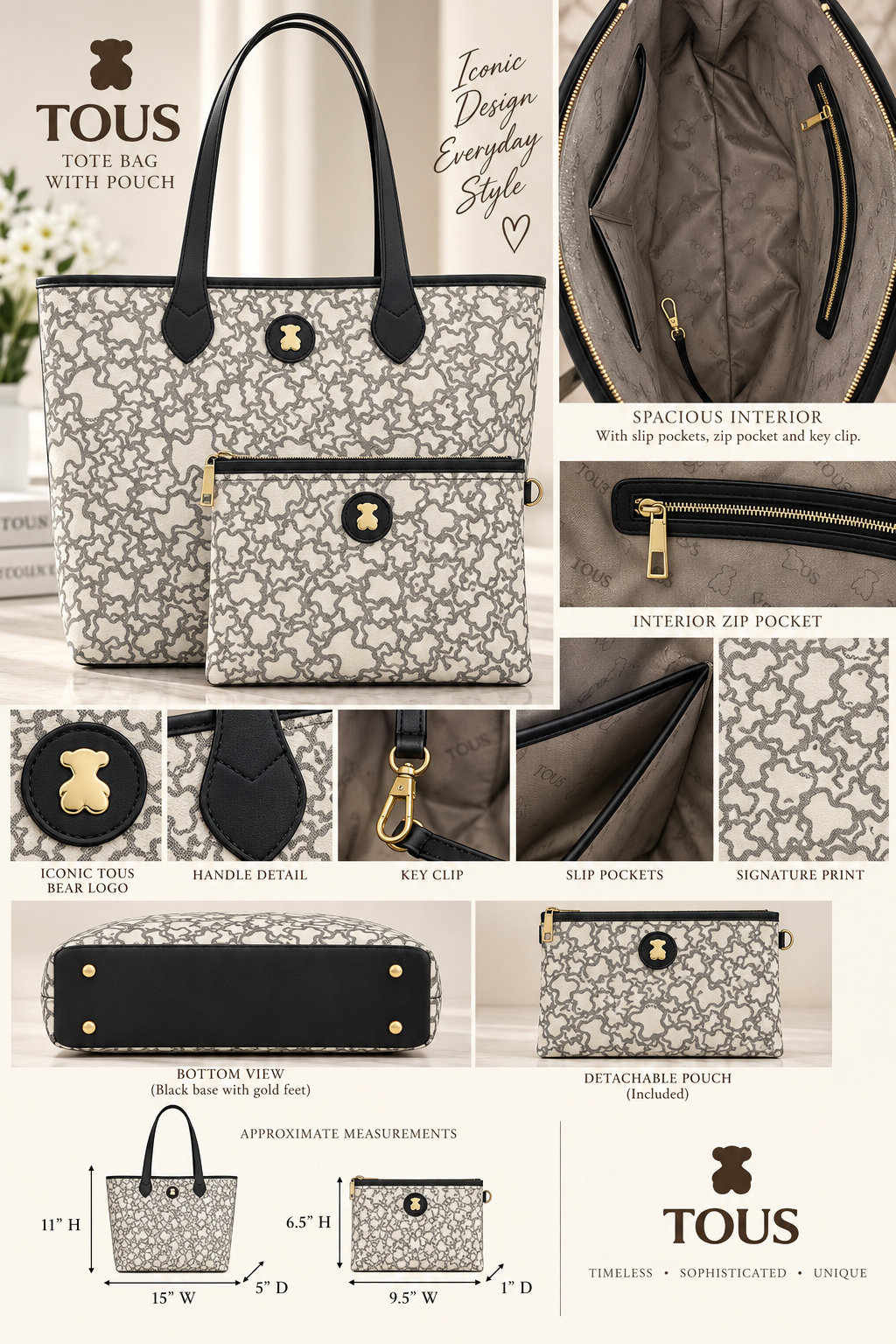 Designer Inspired Signature Bear Print Tote Bag Black