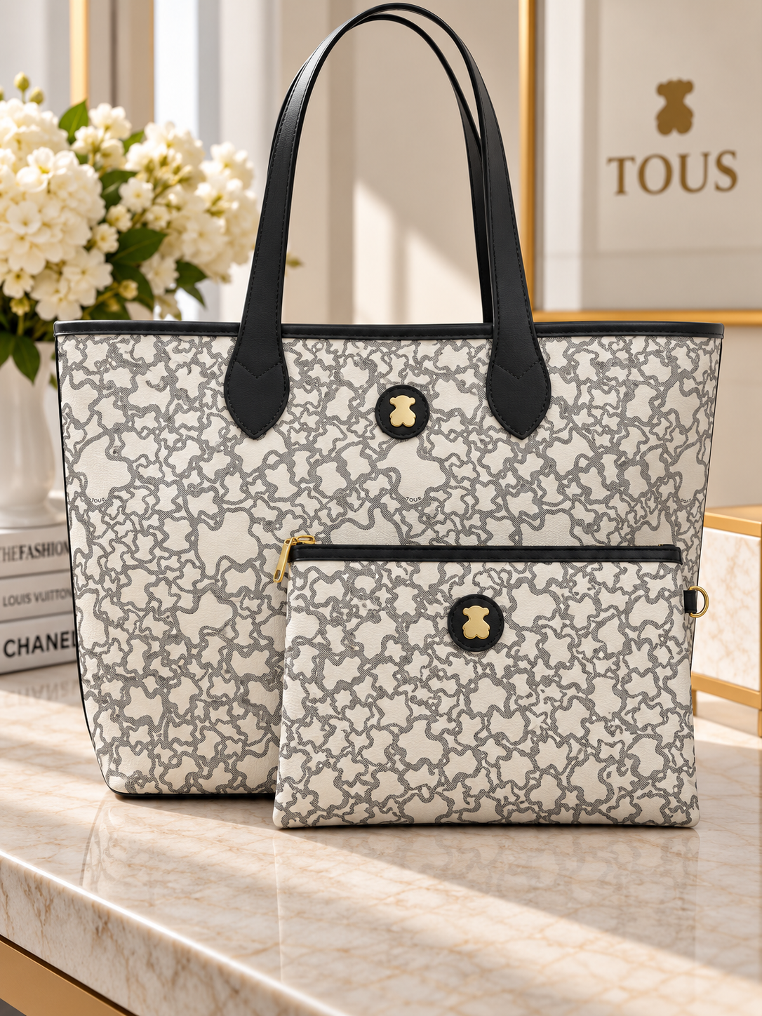 Designer Inspired Signature Bear Print Tote Bag Black