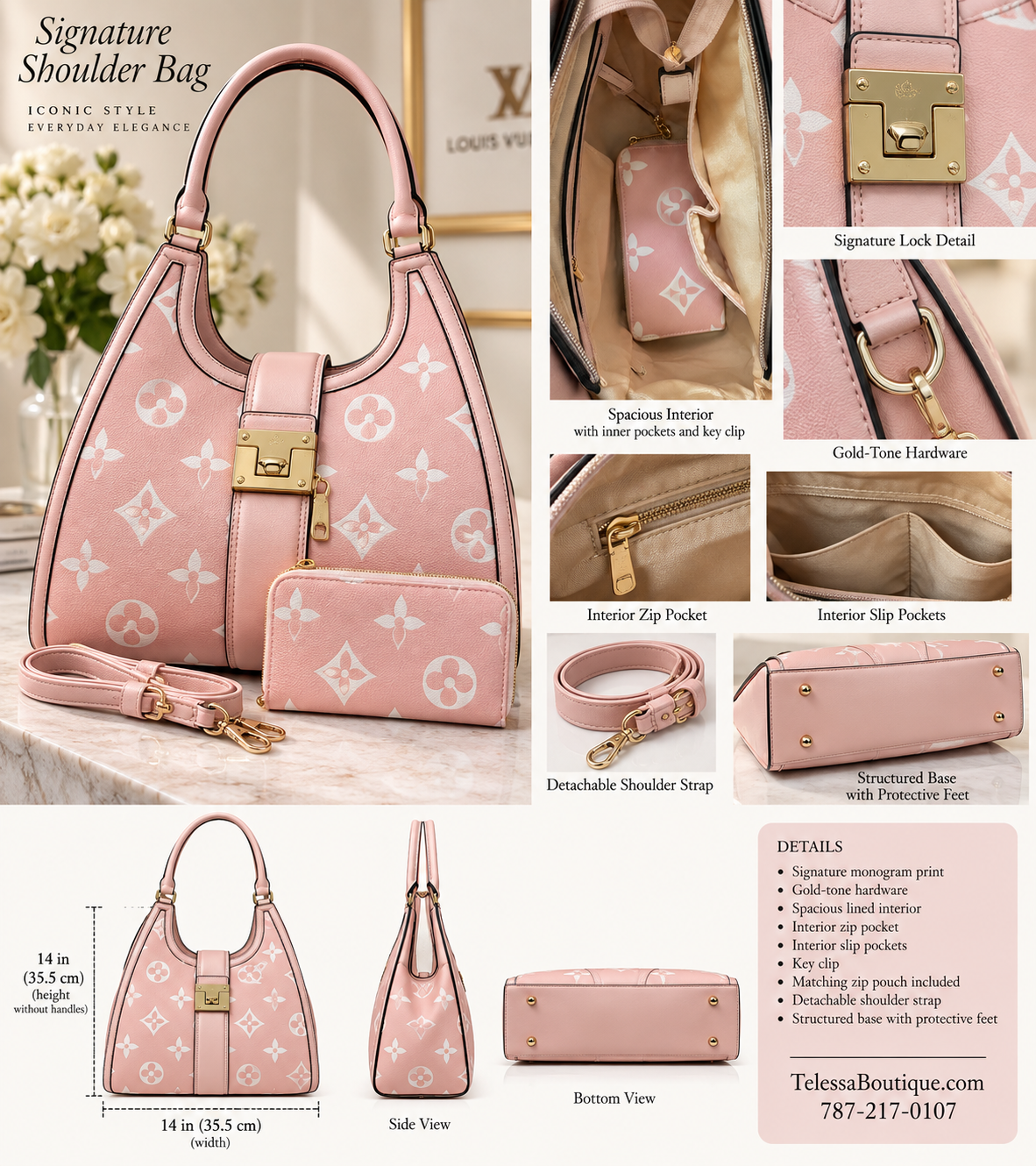 Blush Signature Monogram Hobo Bag Set
