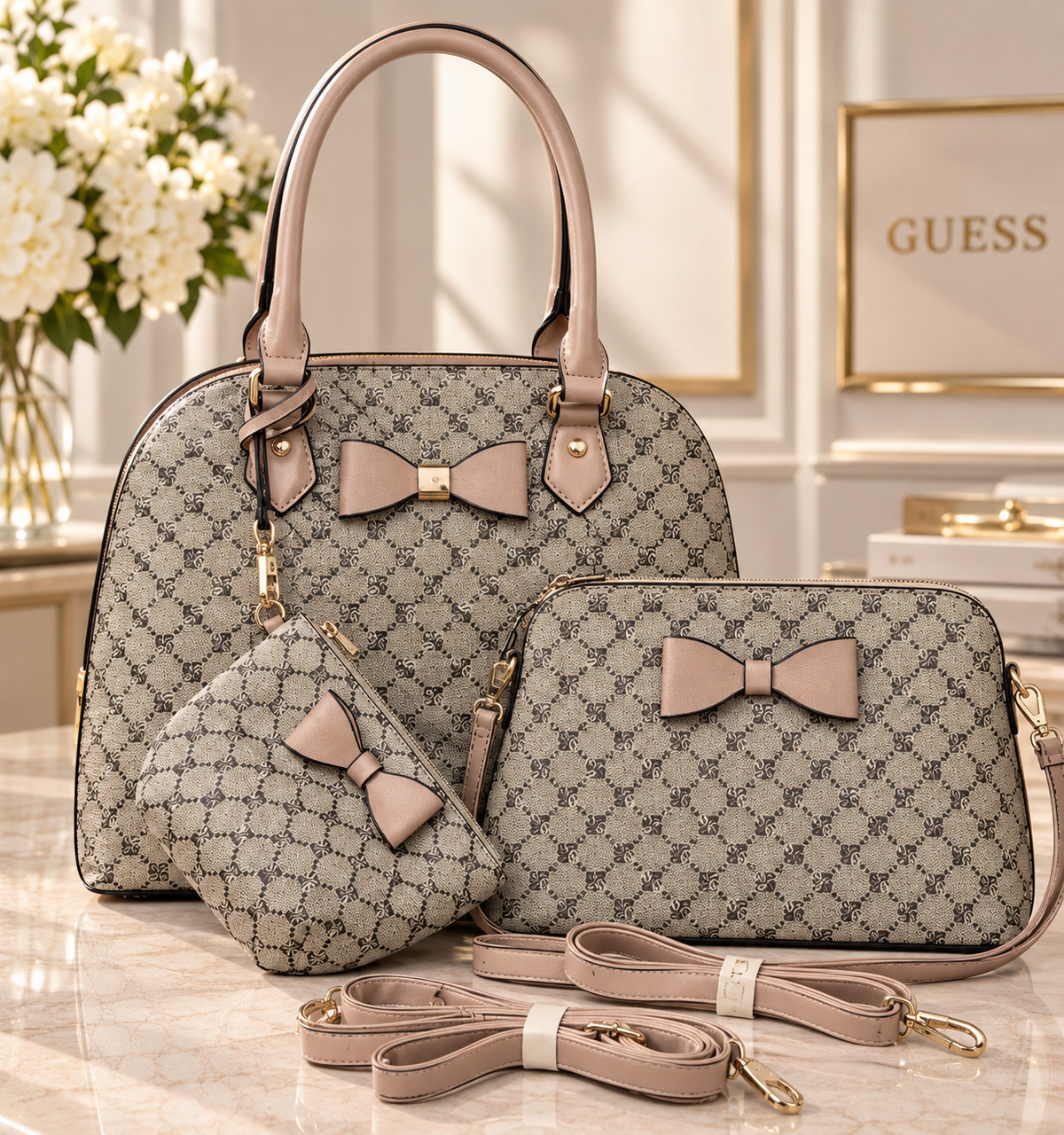 Signature Bow 3-Piece Handbag Set Beige