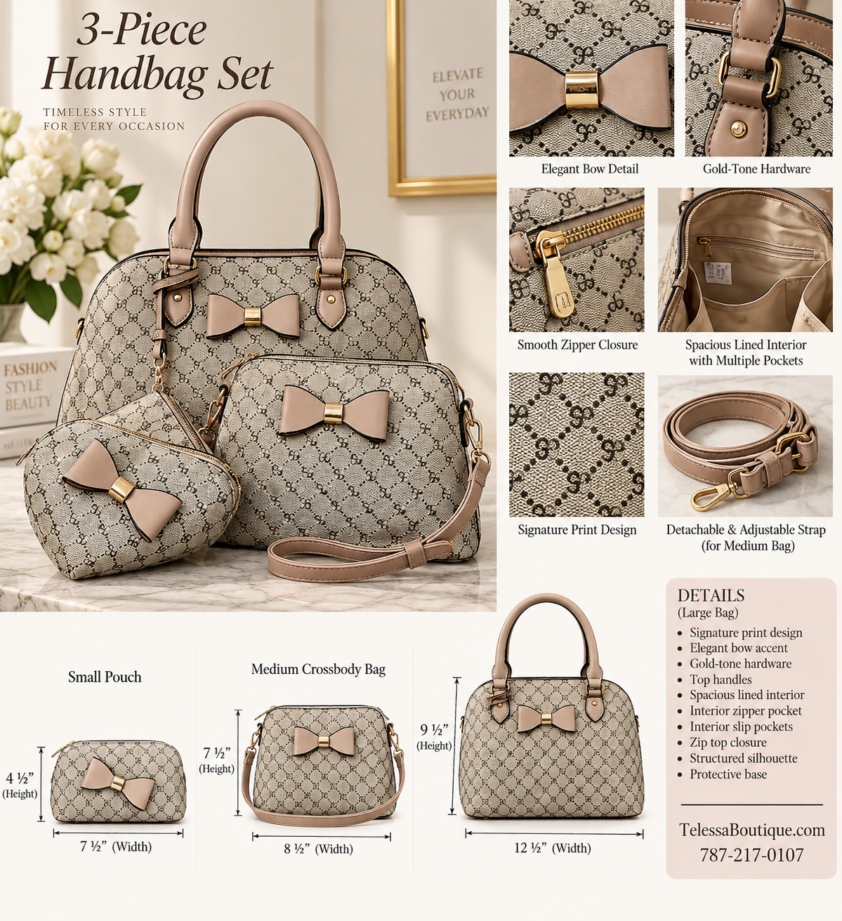 Signature Bow 3-Piece Handbag Set Beige