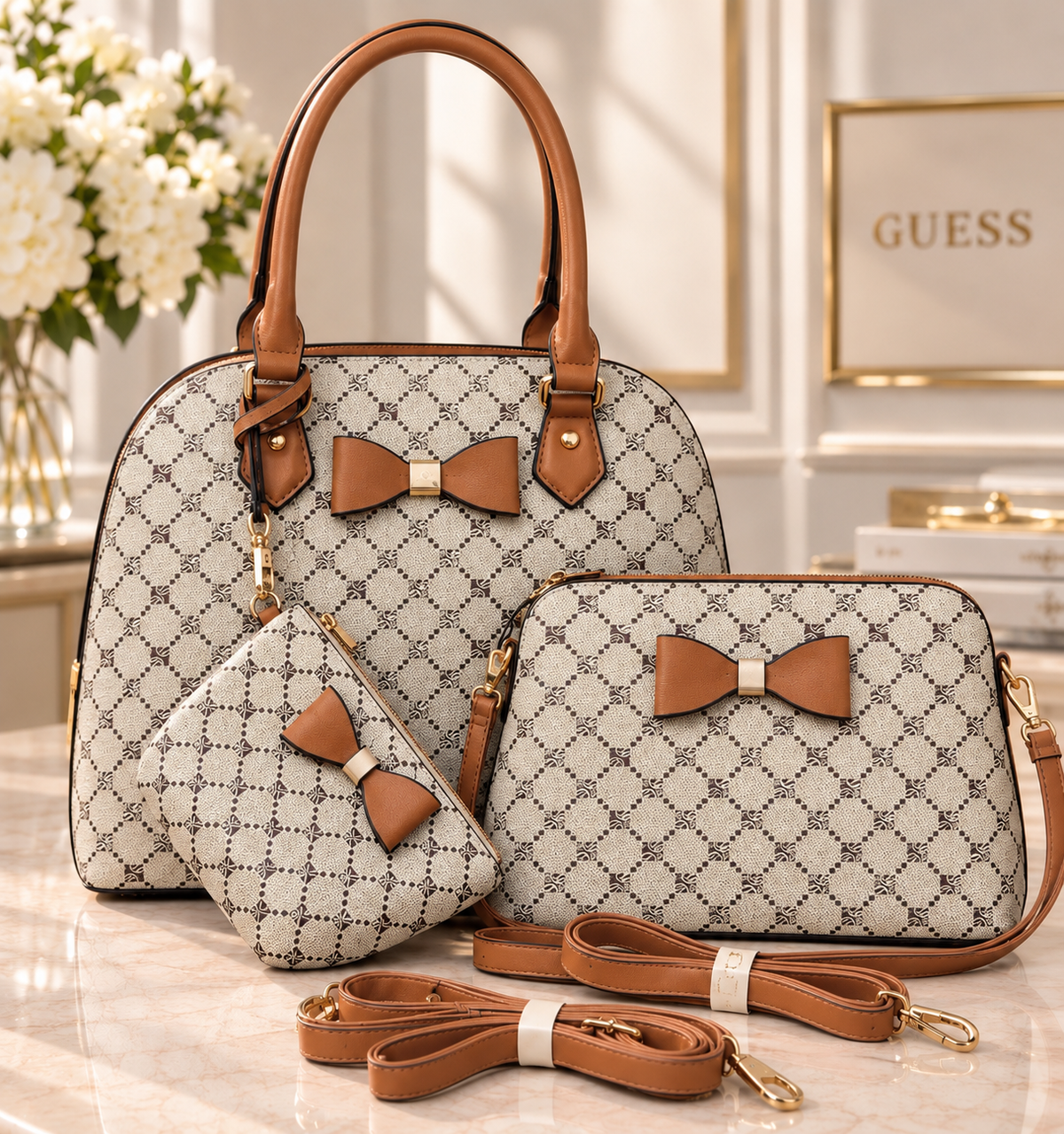 Signature Bow 3-Piece Handbag Set Brown