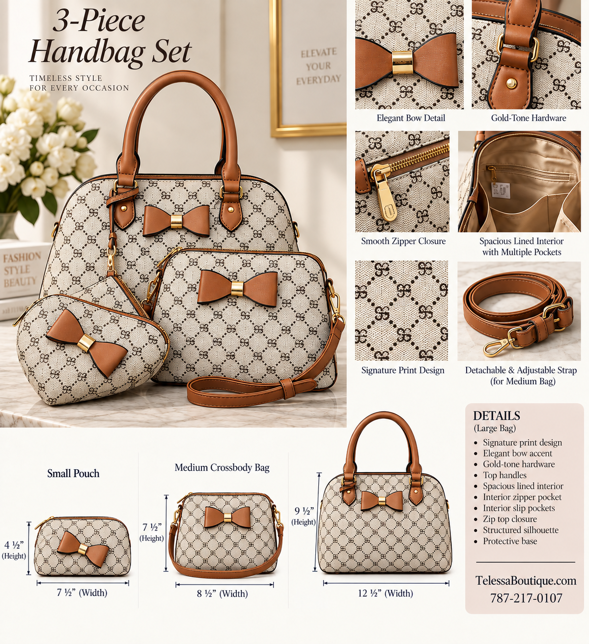 Signature Bow 3-Piece Handbag Set Brown