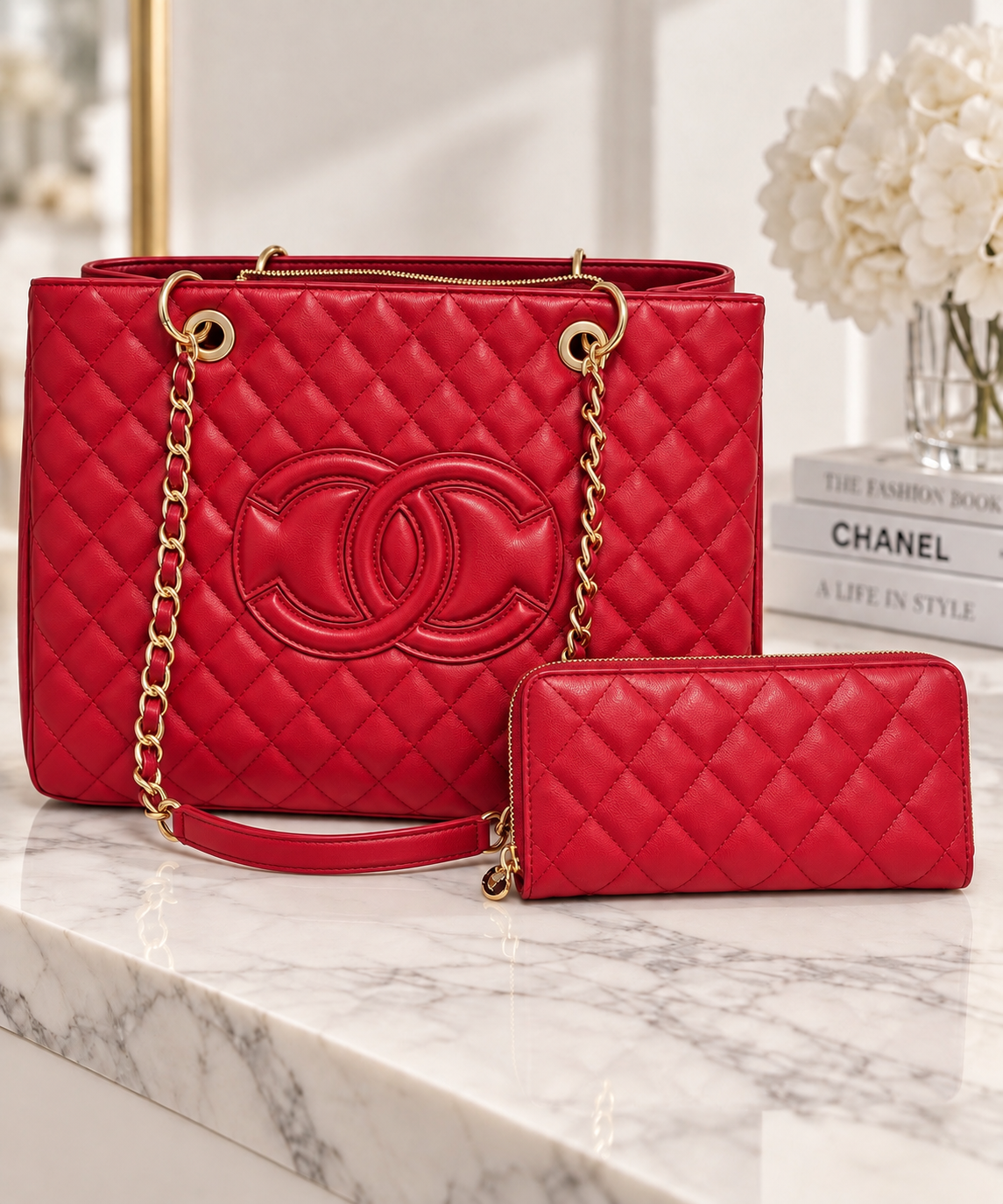 Quilted Luxe Tote & Wallet Set Red