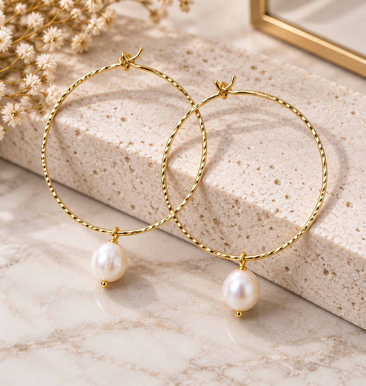 Golden Pearl Drop Hoop Earrings