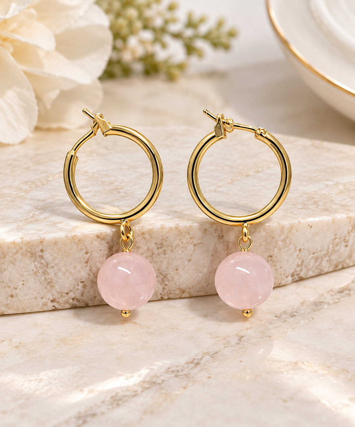 Blush Pink Stone Gold Hoop Earrings