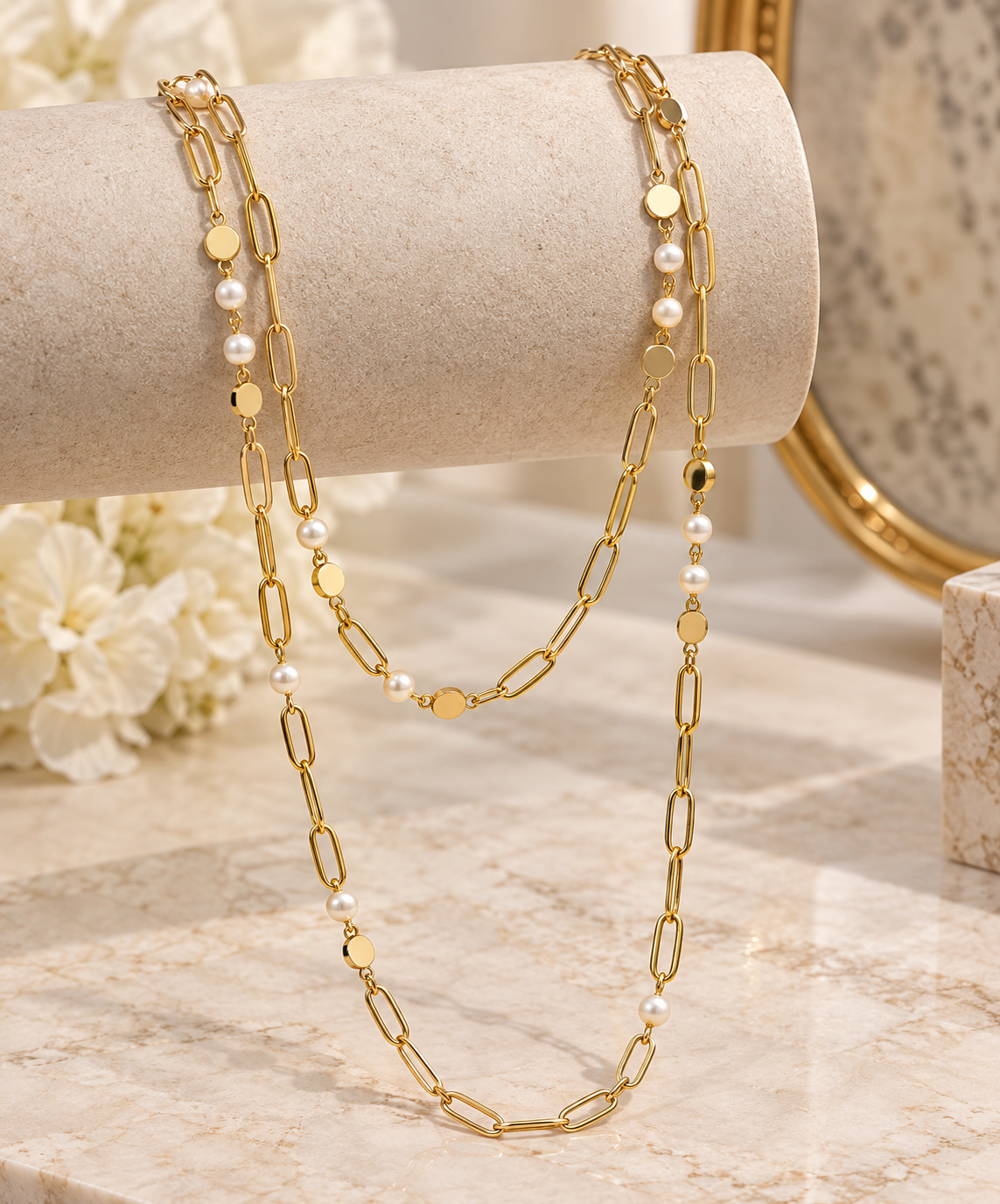 Golden Pearl Paperclip Link Necklace