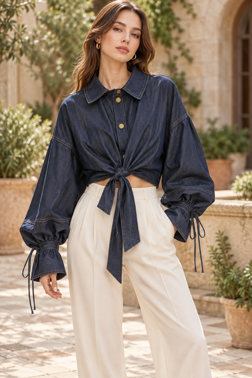 Italian Tie-Front Denim Blouse