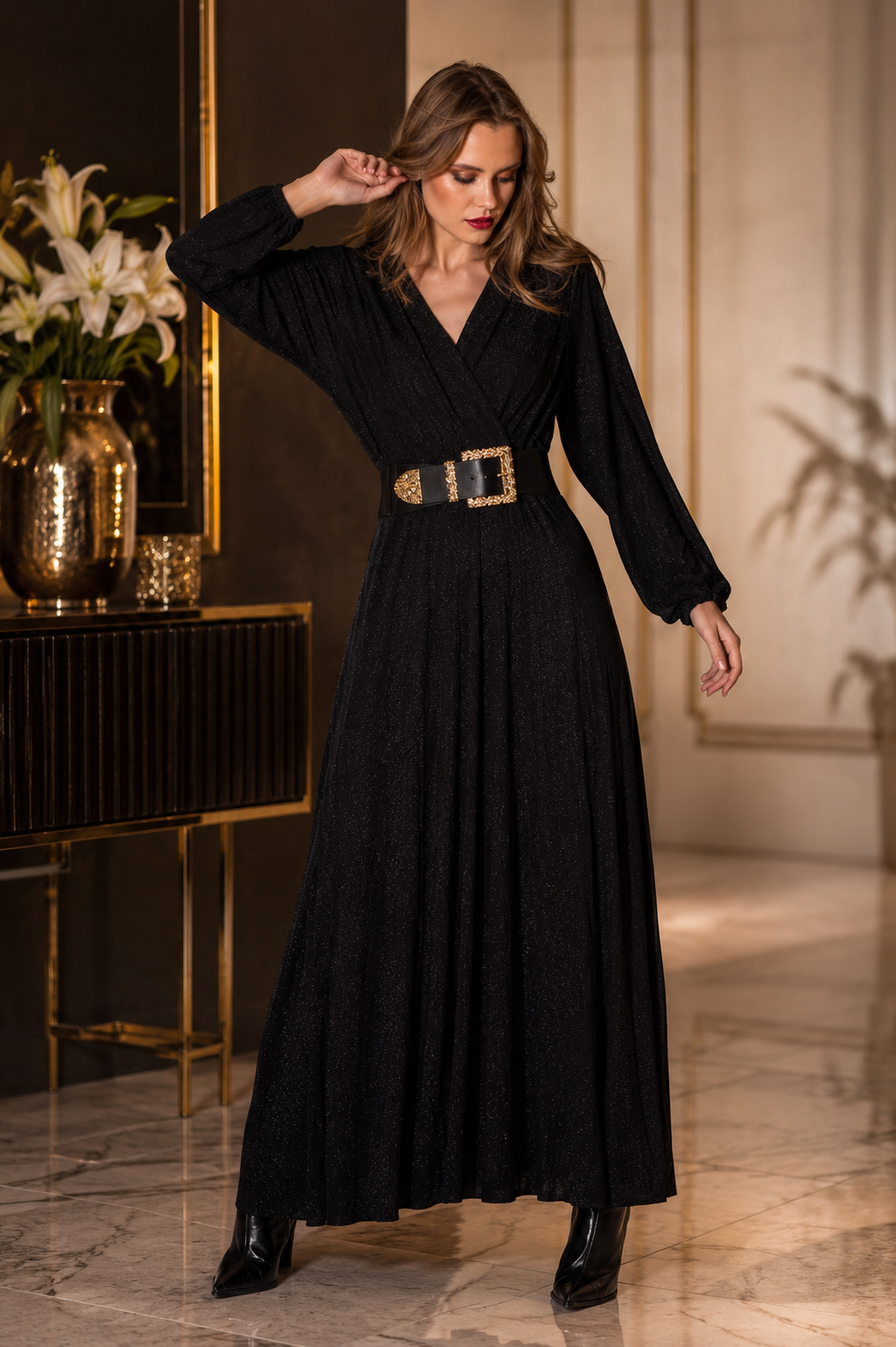 Party Long Sleeve Maxi Dress with Glitter in Black (Belt not included)