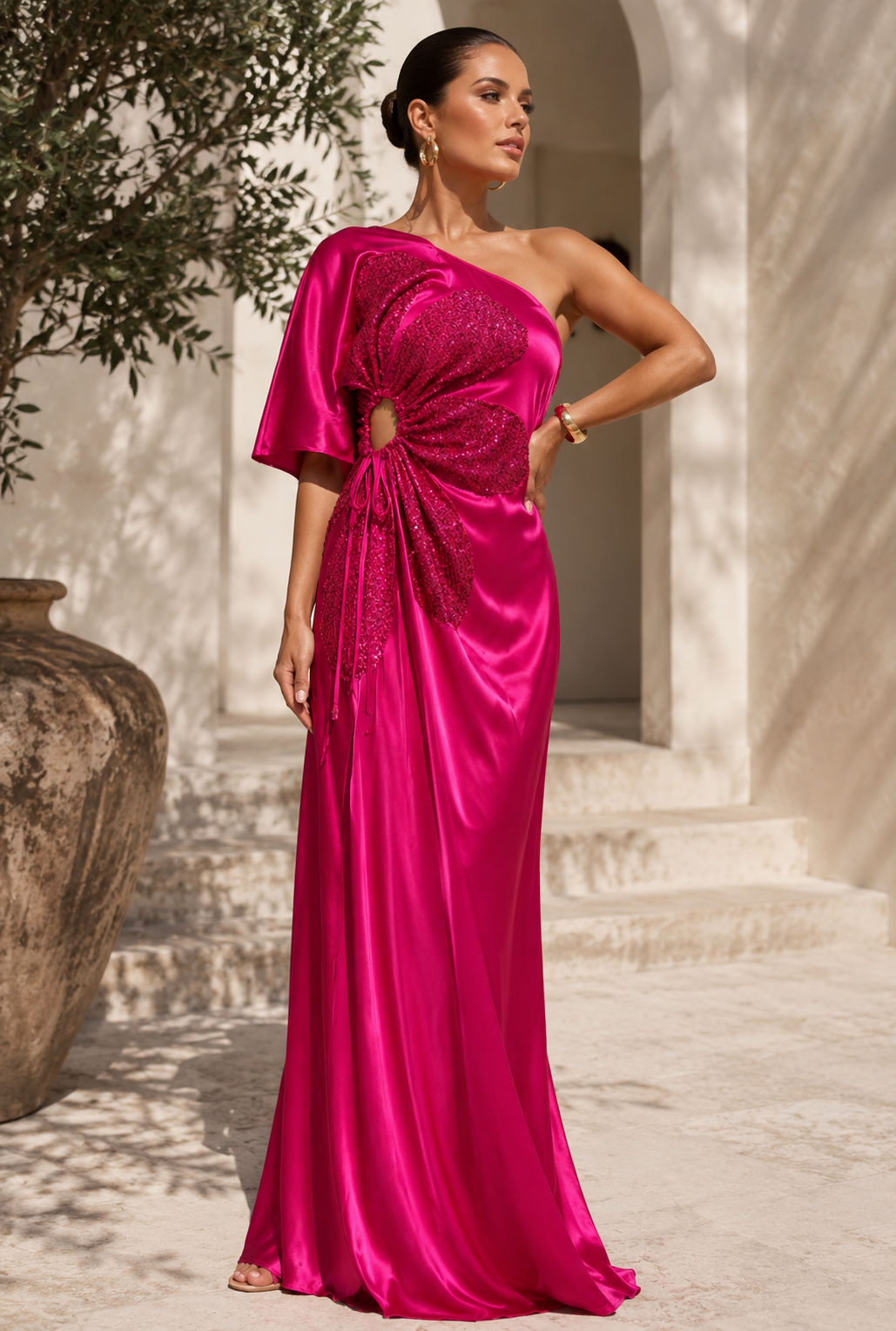 One Shoulder Satin Maxi Dress