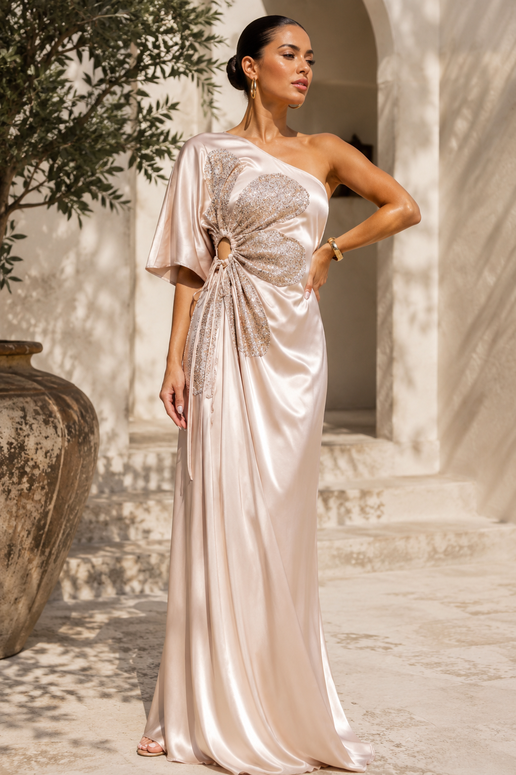 One Shoulder Satin Maxi Dress Champagne