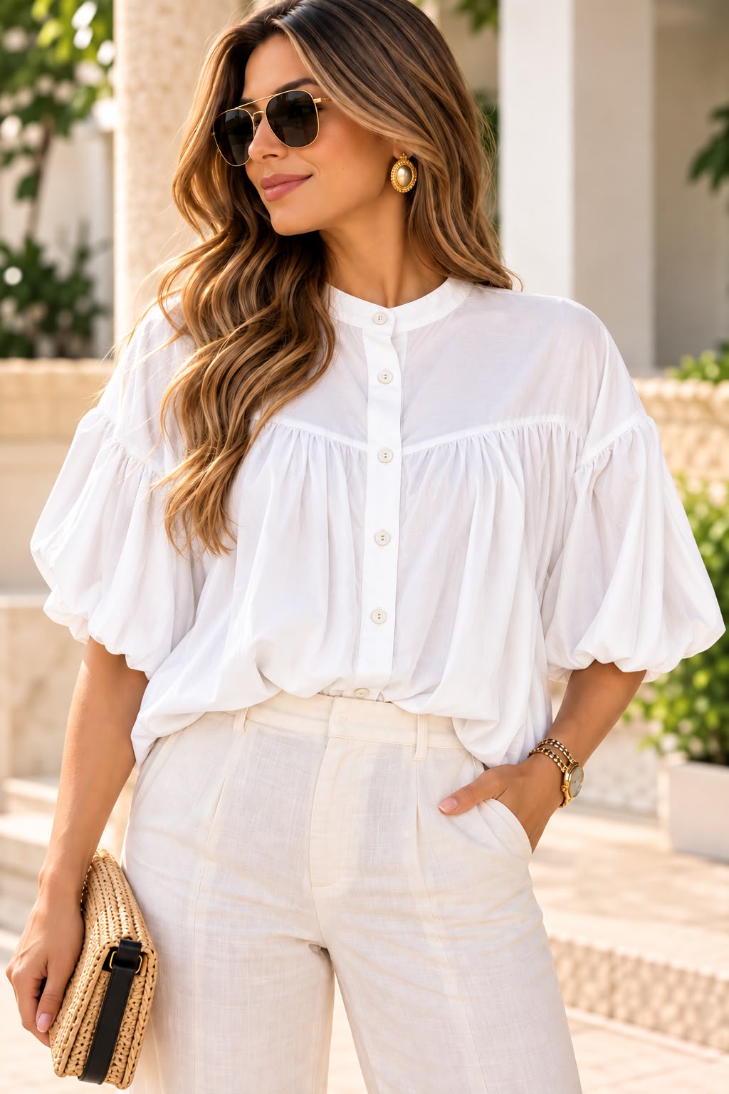 White Italian Lyocell Balloon Sleeve Blouse