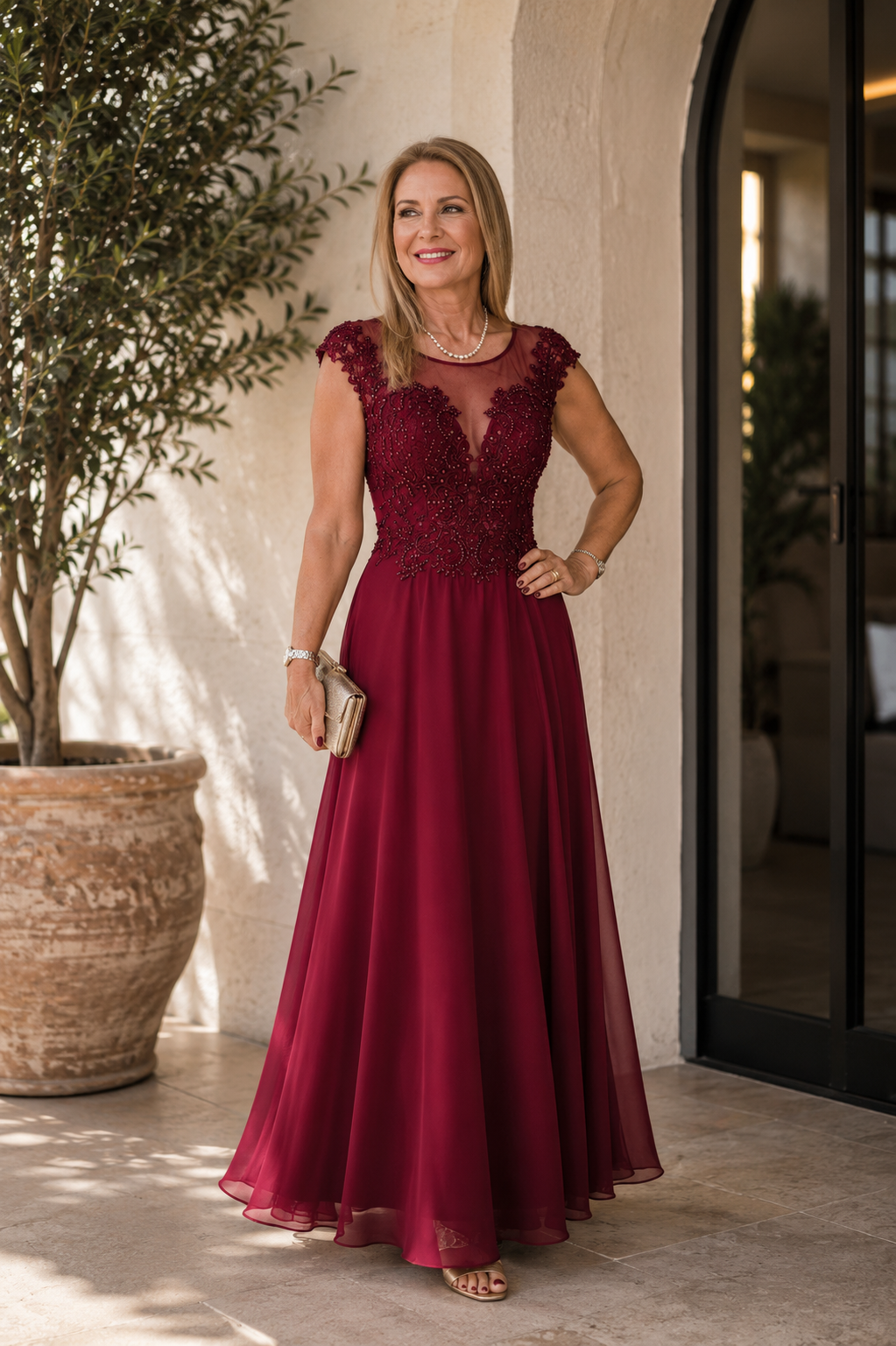 Red A-Line Maxi Dress with Intricate Lace Top
