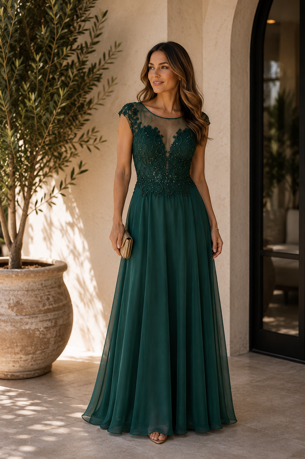 Emerald A-Line Maxi Dress with Intricate Lace Top