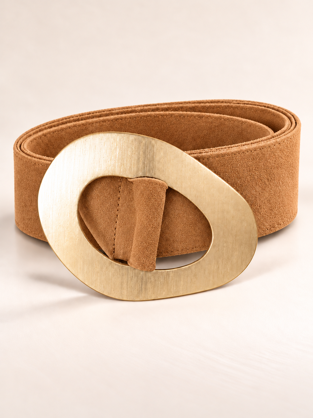 Brown Suede Geometric Gold Buckle Belt
