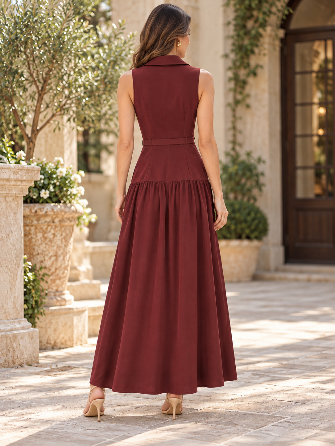 Burgundy Button-Front Belted Maxi Dress