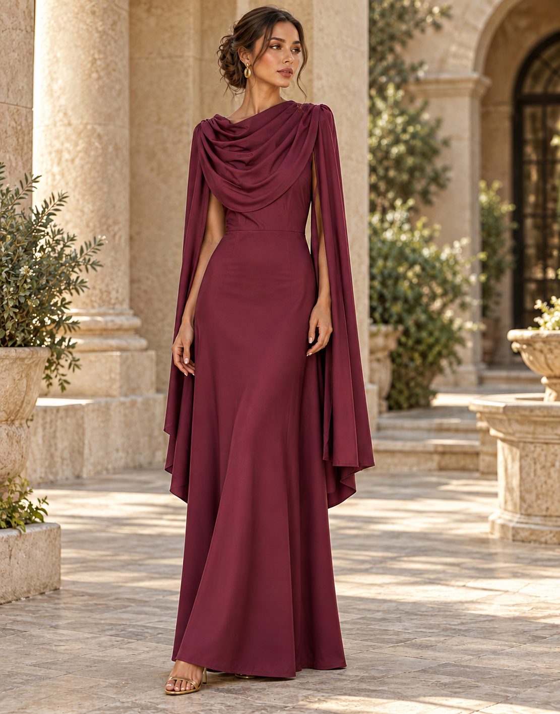 Wine Draped Cape Gown