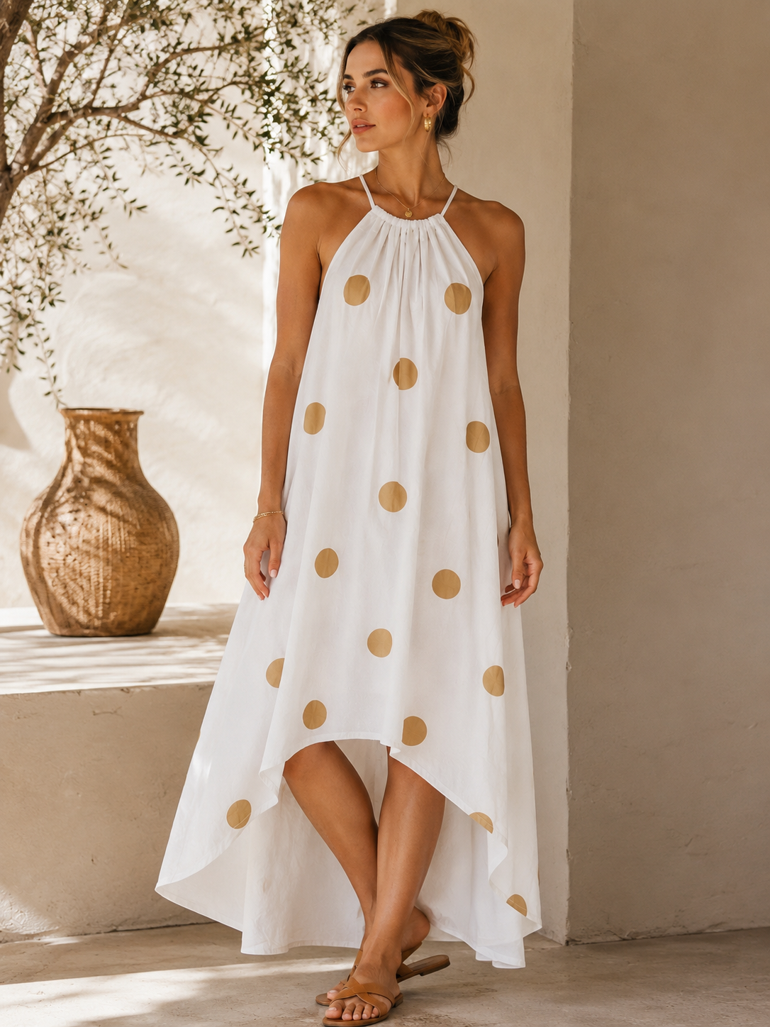 Italian White Dot Breeze Linen Dress
