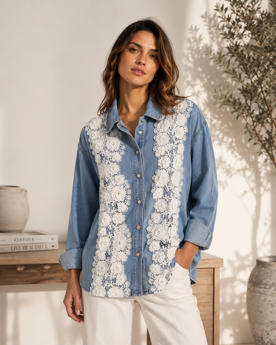 3D Lace Button Down Denim Top
