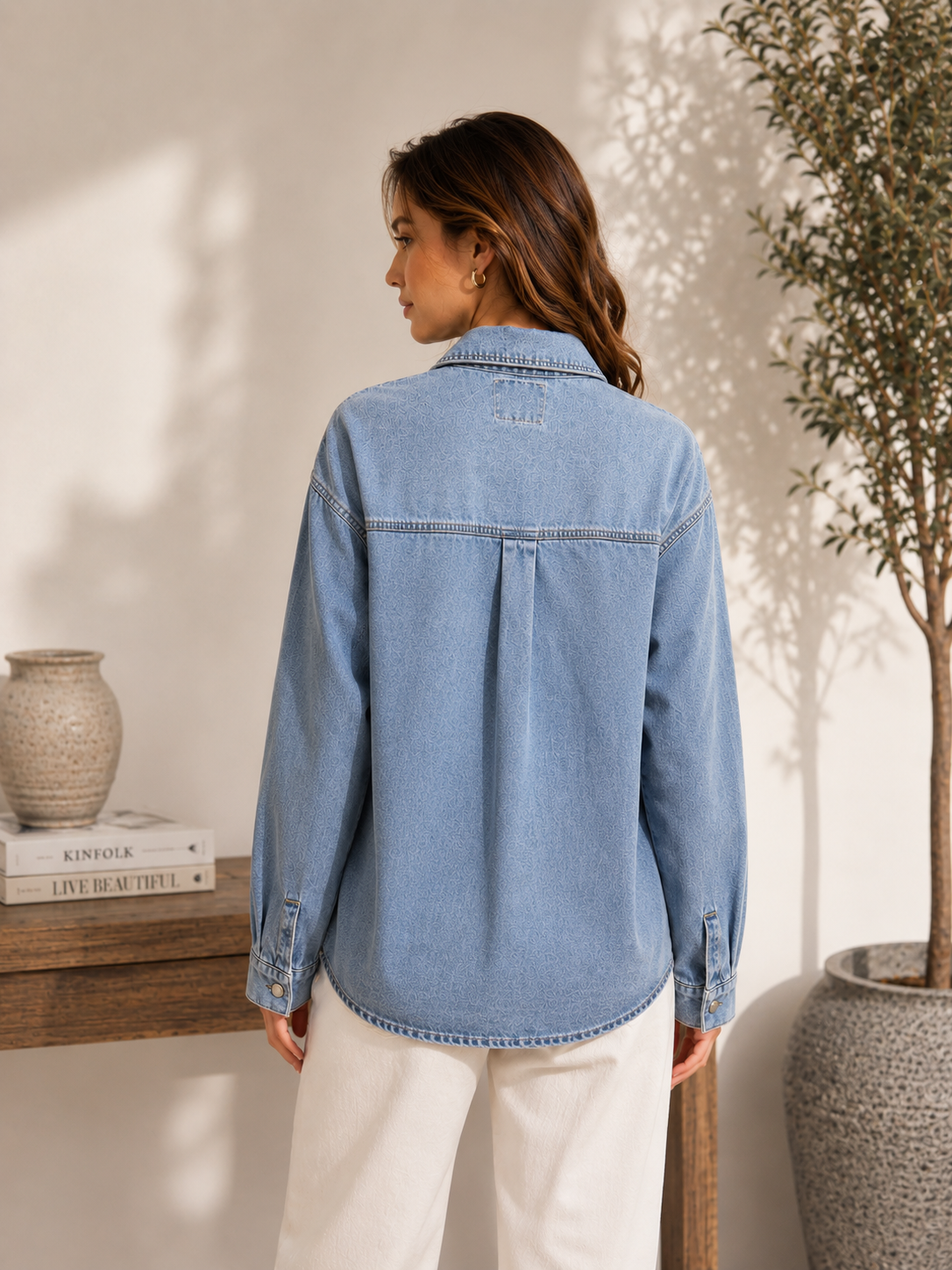 3D Lace Button Down Denim Top