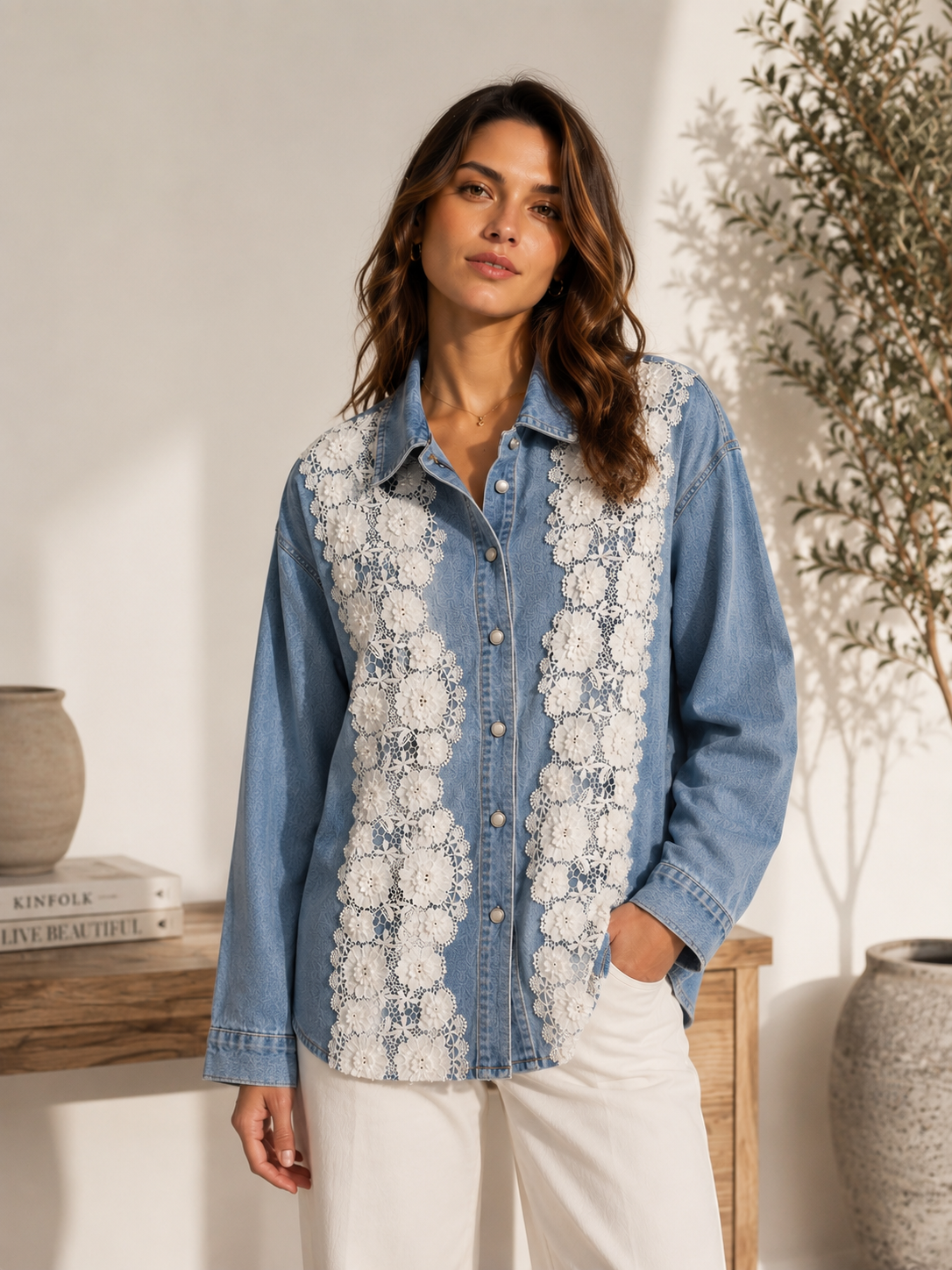 3D Lace Button Down Denim Top